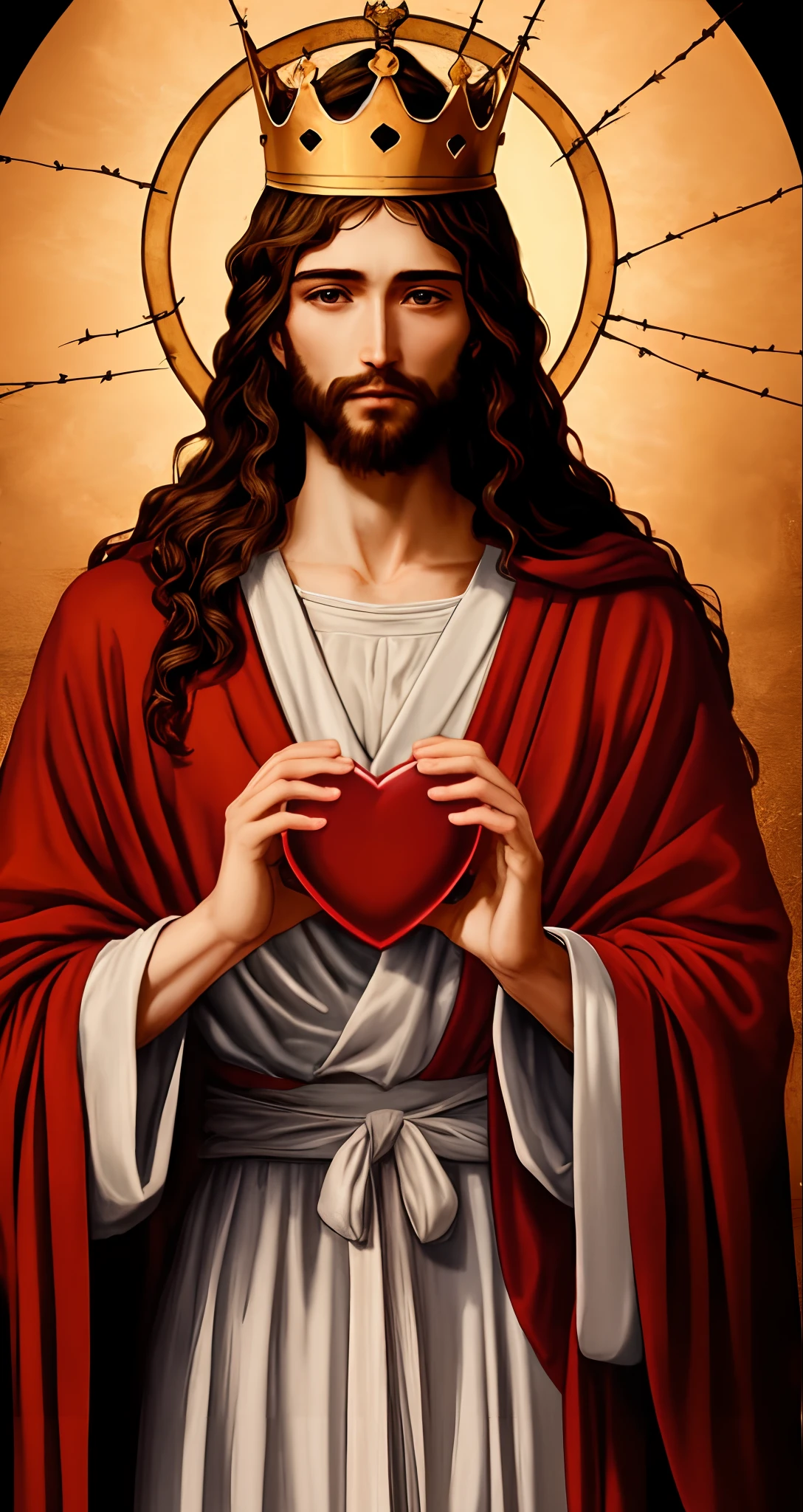 Jesus wearing a robe, holding a heart with a crown of thorns with both handsin the right hand, imagem em 4k realista, com riqueza de detalhes