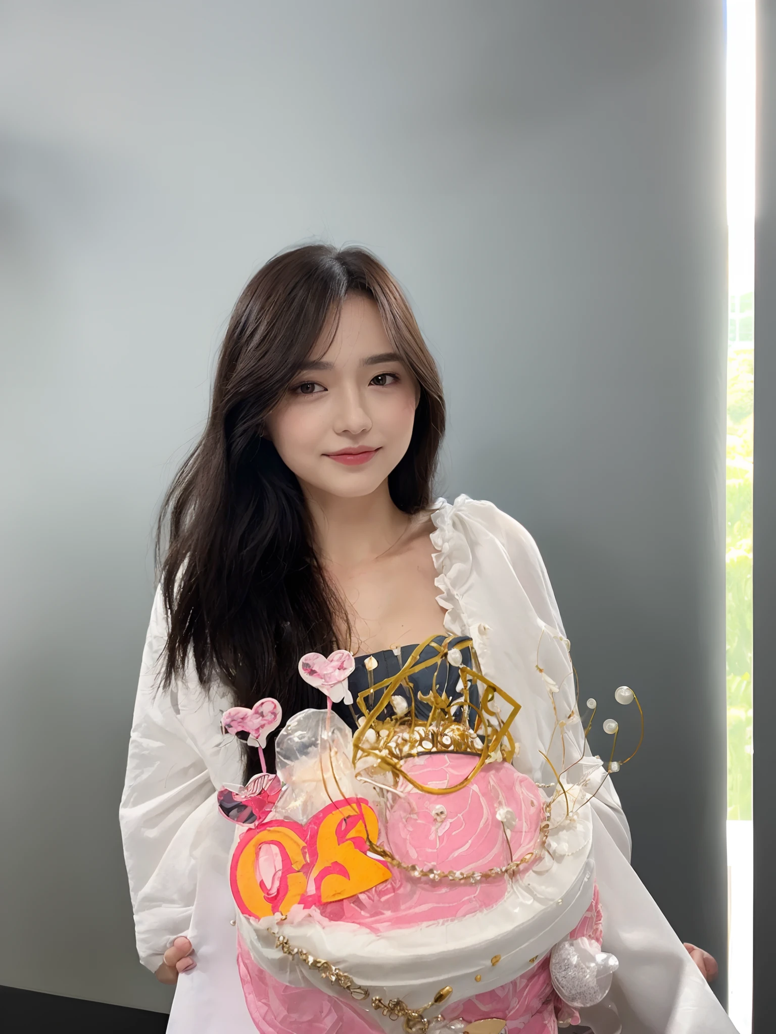 ((Best quality, 8k, Masterpiece :1.3)), Sharp focus :1.2, A pretty woman with perfect figure :1.4, Slender abs :1.2, ((Dark brown hair, :1.2)), (White button up long shirt :1.1), City street:1.2, Highly detailed face and skin texture, Detailed eyes, Double eyelid