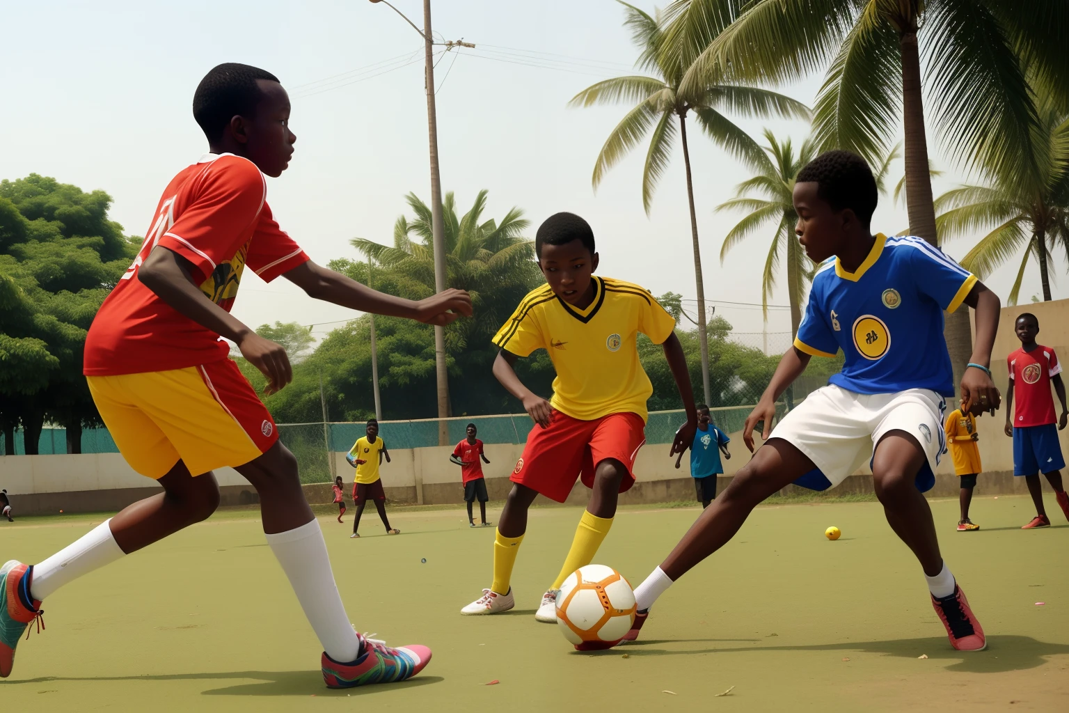 Year: 2003
Country: Gabon
Description: In the vibrant city of Libreville, a group of teenagers gather in a local park for a lively game of street soccer. The sun casts a warm glow on their faces as they skillfully maneuver the ball, their colorful clothing adding a cheerful contrast to the urban landscape.