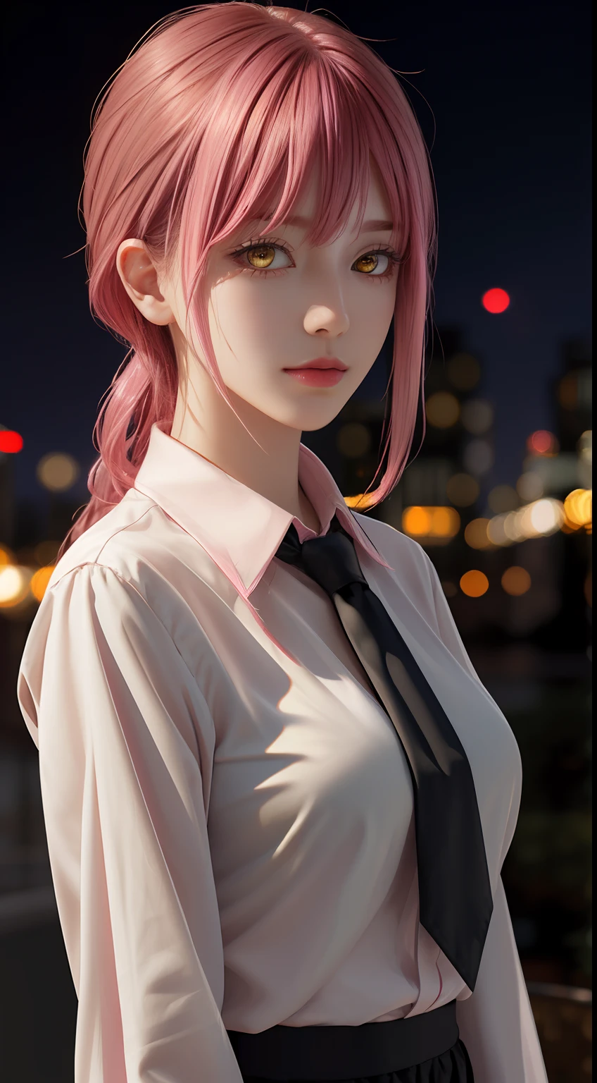 upper body, (masterpiece), detailed background, perfect lighting, 1girl, bangs, medium breasts, blouse,pink hair, yellow eyes, city, urban, bokeh, depth of field, | wear black tie |,makima \(chainsaw man\),makima\(chainsaw man\),makimacsm,half body