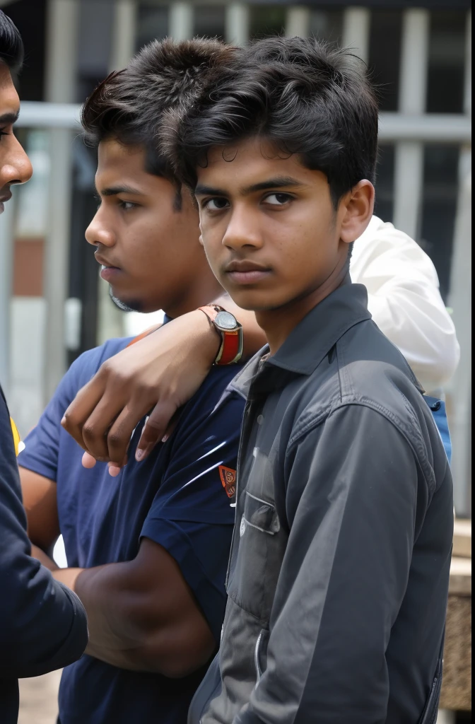 there are three men standing together in a group talking, candid picture, serious focussed look, jayison devadas, person in foreground, candid shot, candid photo, candid photograph, over his shoulder, candid, by Max Dauthendey, male teenager, proud serious expression, with a sad expression, teenage boy, young male, young boy, looking away from camera