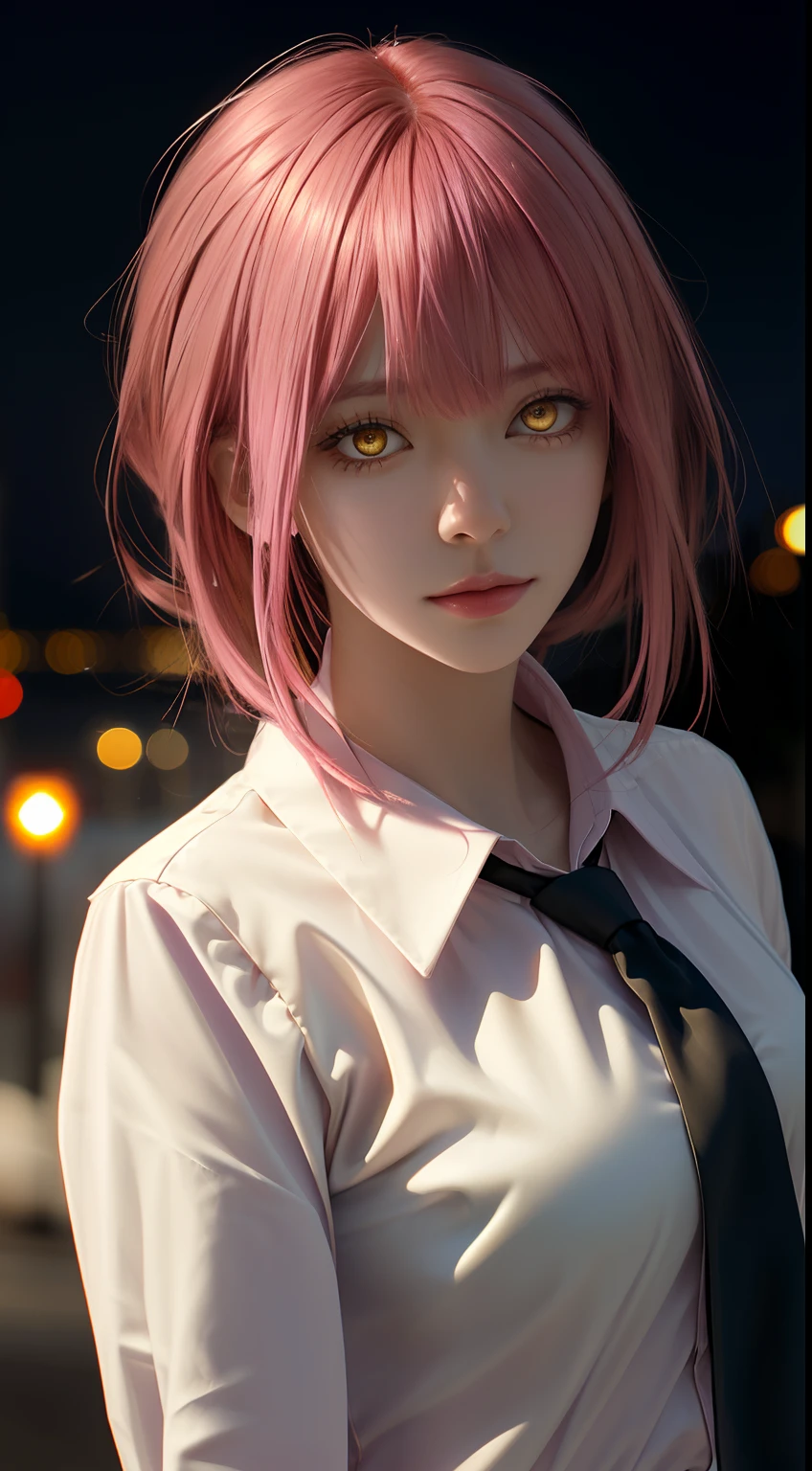 upper body, (masterpiece), detailed background, perfect lighting, 1girl, bangs, medium breasts, blouse,pink hair, yellow eyes, city, urban, bokeh, depth of field, | wear black tie |,makima \(chainsaw man\),makima\(chainsaw man\),makimacsm,half body