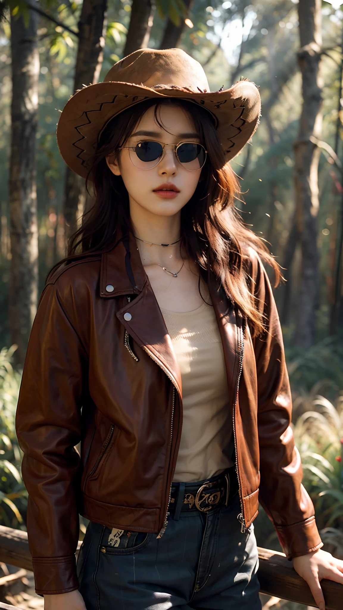 4k hltra hd, mastermiece, best quality, a cowboy girl with a lion, good face, detailed, sun glasses, detailed lips, long hair, strait hair, wearing cowboy clothes, pink leather jacket, pink clothes, cowboy hat, forest background, sun lighting, attractive pose,