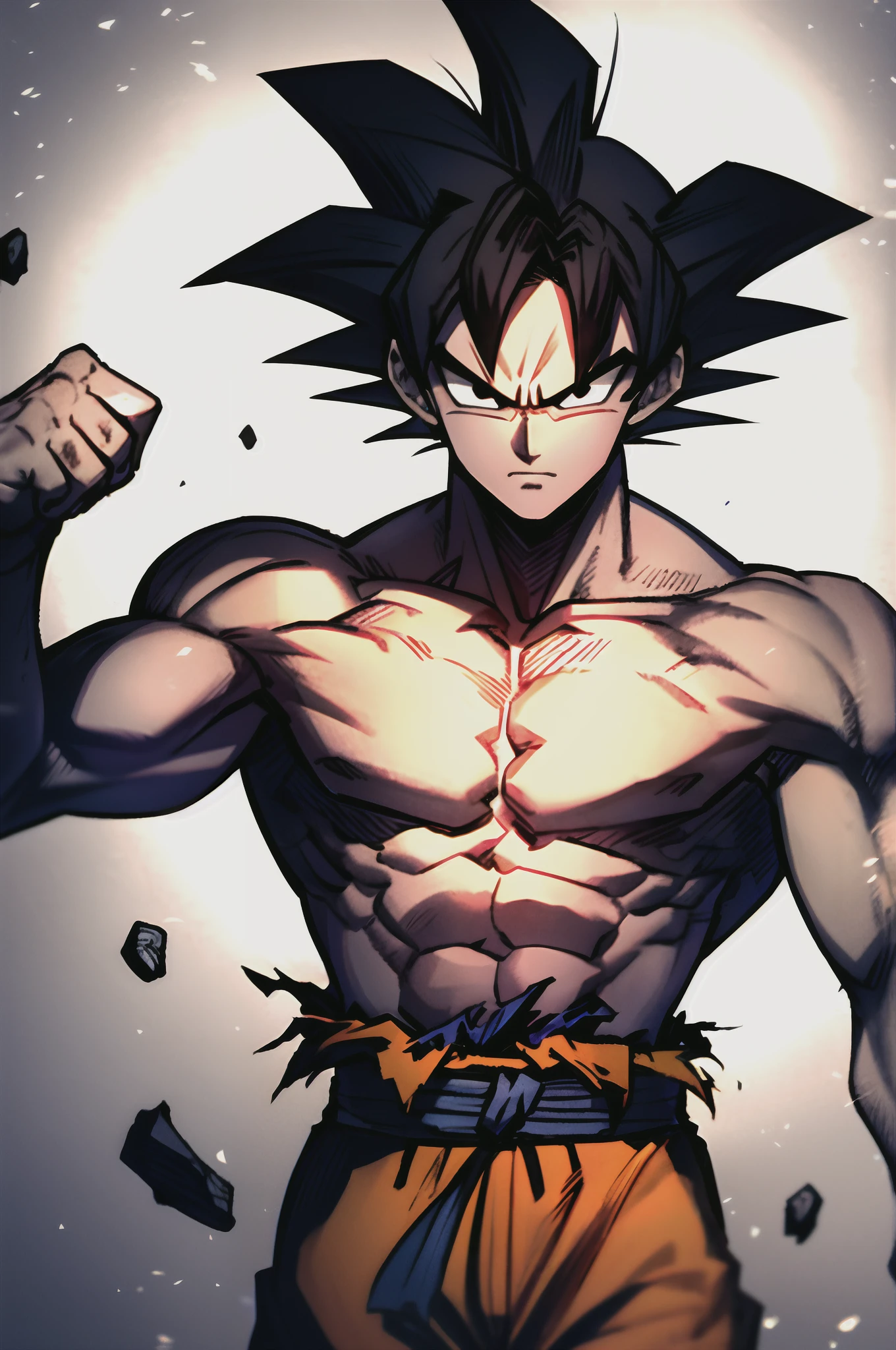 A new character , man , 1boy, angry, battle damage, pushed back haircut , have a black ClothMask , furious, red eyes, male focus, muscular, muscular male, pectorals, sash, solo, spiked hair, super saiyan aura , topless male, torn black clothes, wristband, ((masterpiece))