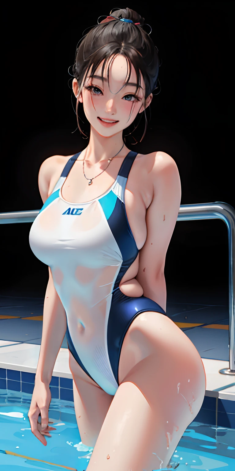 realisticlying、、Competitive swimsuit style girls、Put a little emphasis on the valley、Face Real、A sexy、Pool with big chest face smiling background