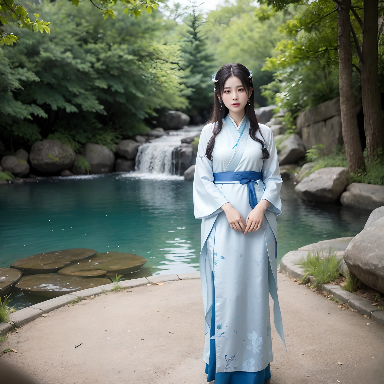 Woman in blue and white dress holding a fan in front of a tree, Hanfu, Traditional Chinese clothing, White Hanfu, Palace ， A girl in Hanfu, Wearing ancient Chinese clothes, flowing magical robe, long beautiful flowing kimono, Chinese dress, with acient chinese clothes, Flowing robes, Chinese costume, dragon-inspired cloth robes, Full-body Xianxia Ultra-clear detailed facial features