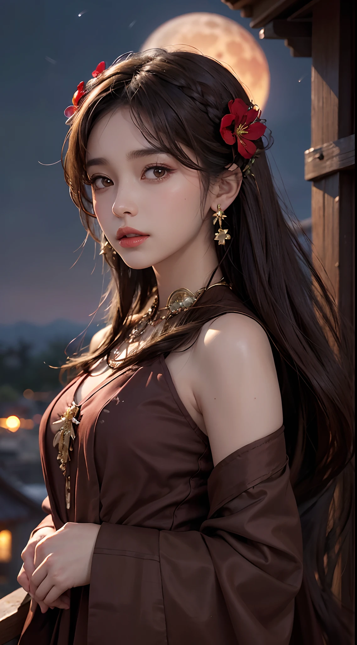 1girl, blurry, blurry_background, brown_eyes, brown_hair, depth_of_field, earrings, flower, full_moon, hair_flower, hair_ornament, lips, looking_at_viewer, moon, moonlight, night, night_sky, outdoors, red_flower, red_moon, sky, solo