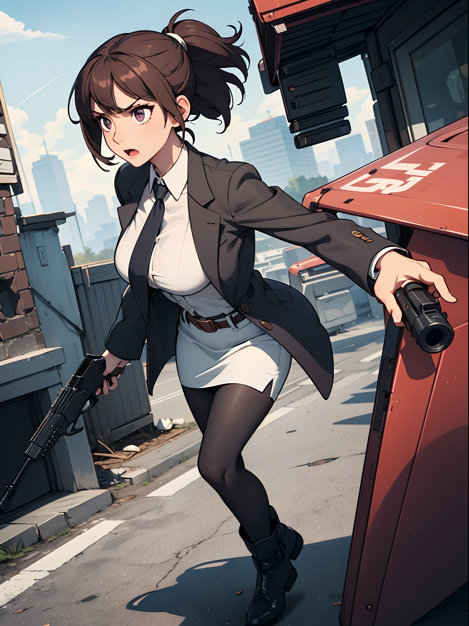 1girl, aiming and firing pistol, brown hair, short hair, ponytail, finger on trigger, gun, large-caliber handgun, holding, holding gun, holding weapon, holster, open suit jacket, white shirt, miniskirt, (pantyhose), pencil skirt, skirt, solo, trigger discipline, weapon, purple eyes, dynamic action stance, grim expression, city backdrop, boots, full body character design, brown suit and tie, necktie, belt, cowboy shot, full body