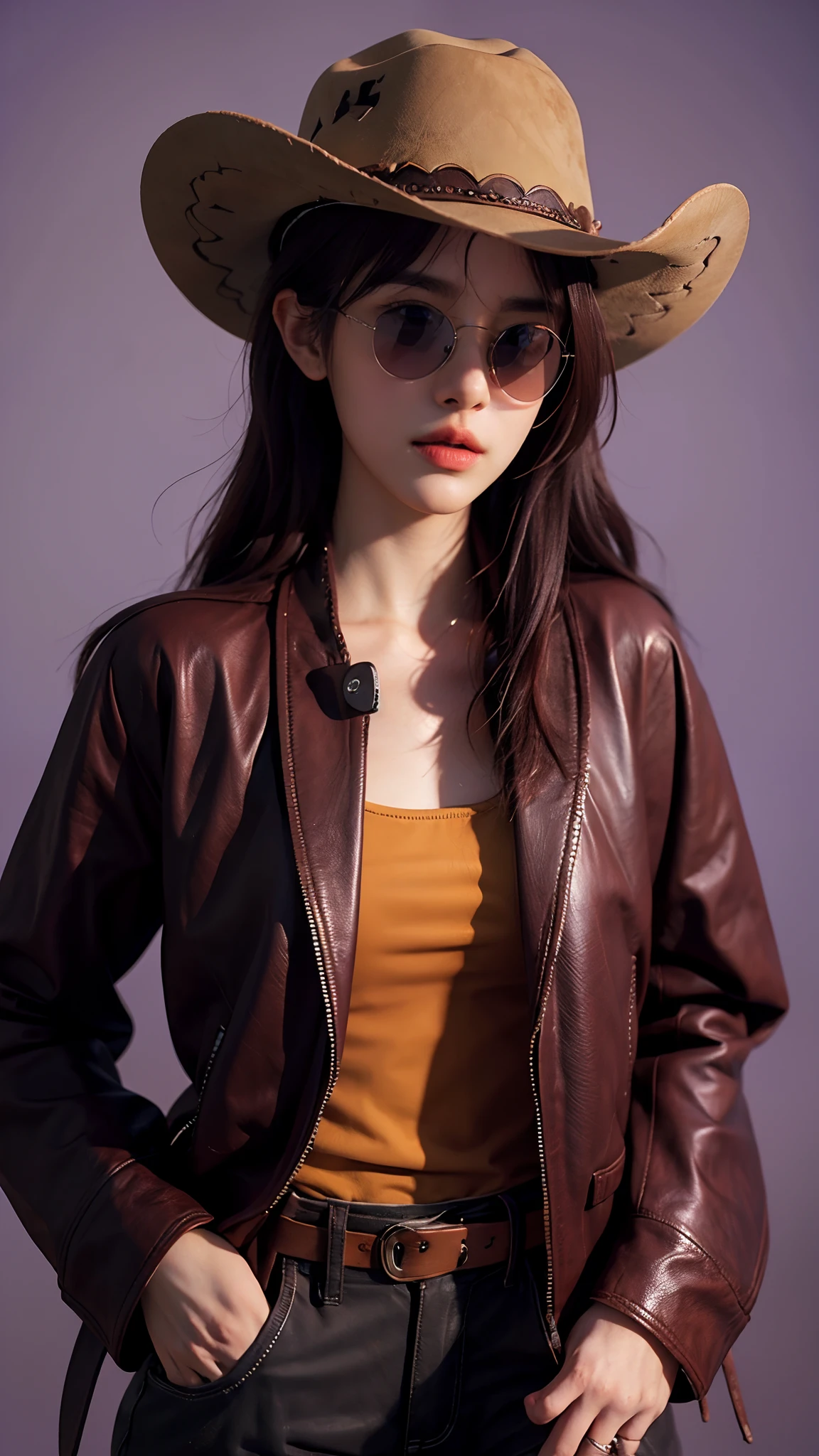4K ultra hd, best quality, a girl, good face, sun glasses, detailed lips, long hair, straight hair, wearing purple cowboy outfit, purple leather jacket, cowboy hat, natural background, morning, whole body capture,