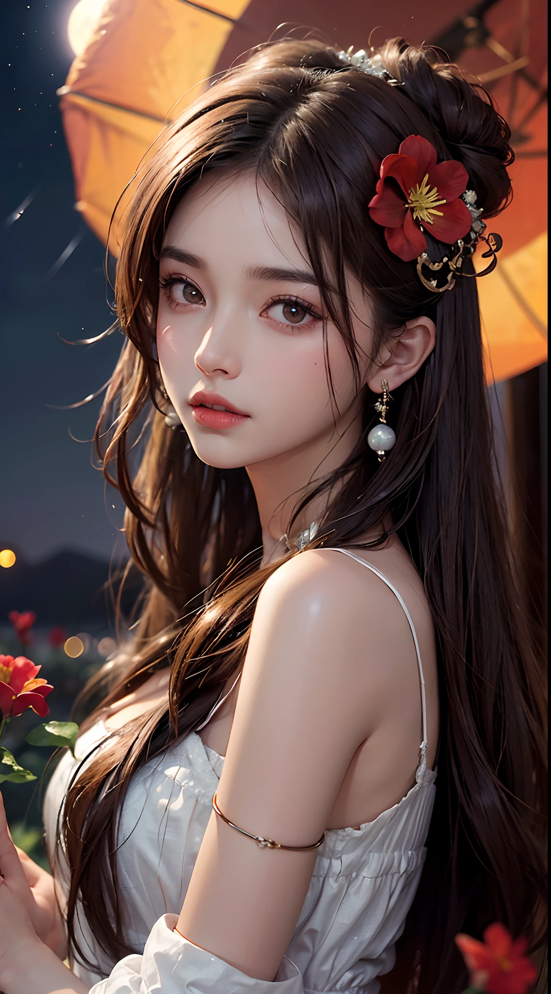 A close up of a woman holding a flower near a red flower - SeaArt AI