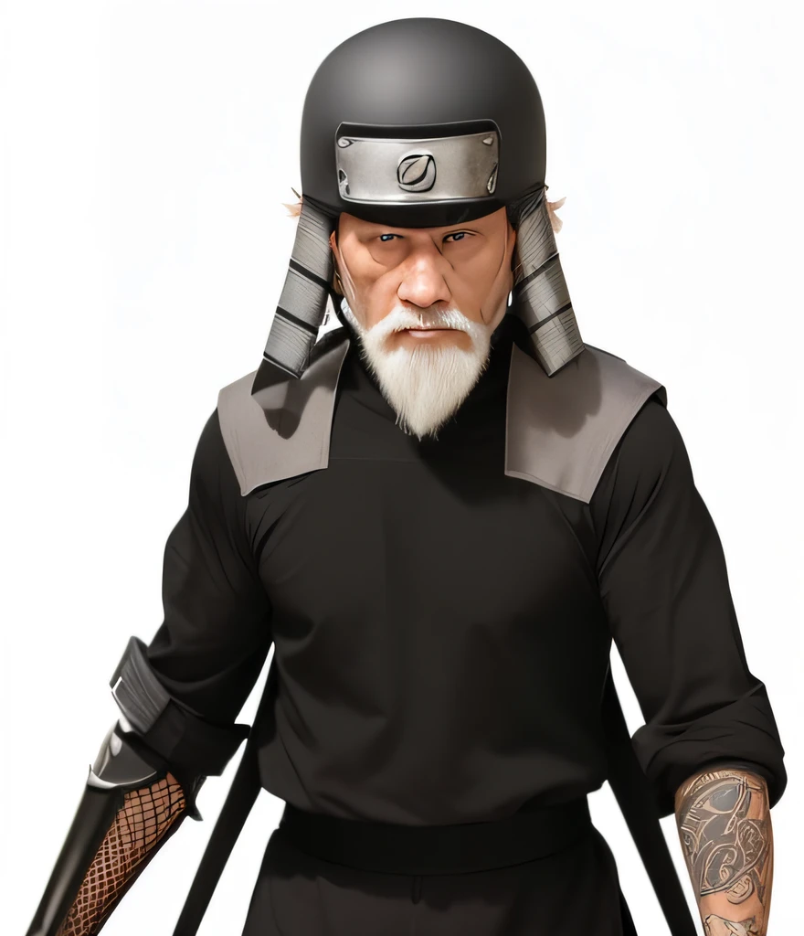 Sarutobi is a character in the Naruto anime. An old man. Wears a black helmet with the Konoha logo. The helmet is decorated with iron armor plates like long ears on both sides of the edges. On his shoulder there is an iron shield. Wearing a black long sleeve spandex shirt. has 3 lines under his eyes, there is a white beard which is only on his chin. exudes a sense of wisdom and authority as the esteemed Third Hokage from the Naruto Anime. Potrait Photo