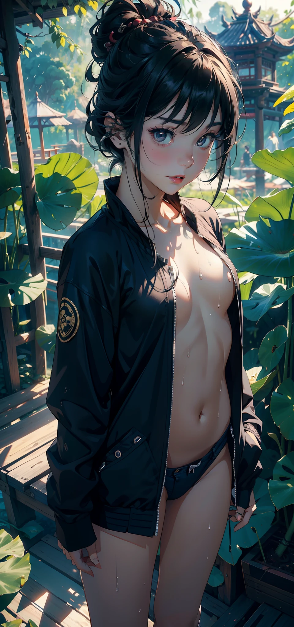 1female，3 ，bit girl，Small loli，Smalchest Thin waist，Pornographic exposure， 独奏，（Background with：bamboo forrest，lotuses，lotus flower，exteriors，Lotus pond） She has short black hair，Qi bangs，bobo head，standing on your feet，Sweat profusely，drenched all over the body，seen from the front， hair straight， mostly cloudy sky，（（（tmasterpiece），（Very detailed CG unity 8K wallpaper），best qualtiy，cinmatic lighting，detailed back ground，beatiful detailed eyes，Bright pupils，Black eyes，（Very fine and beautiful），（Beautiful and detailed eye description），ultra - detailed，tmasterpiece，）），facing at camera，A high resolution，ultra - detailed），revealing breasts，Bare genitalia，  Bulge，legs are open，Raised sexy，Camel toes，Flushed complexion，Open-mouthed，frontage，elementary ball jacket，Sexy revealing denim panties，black sneaker shoes，nakeness），frontage