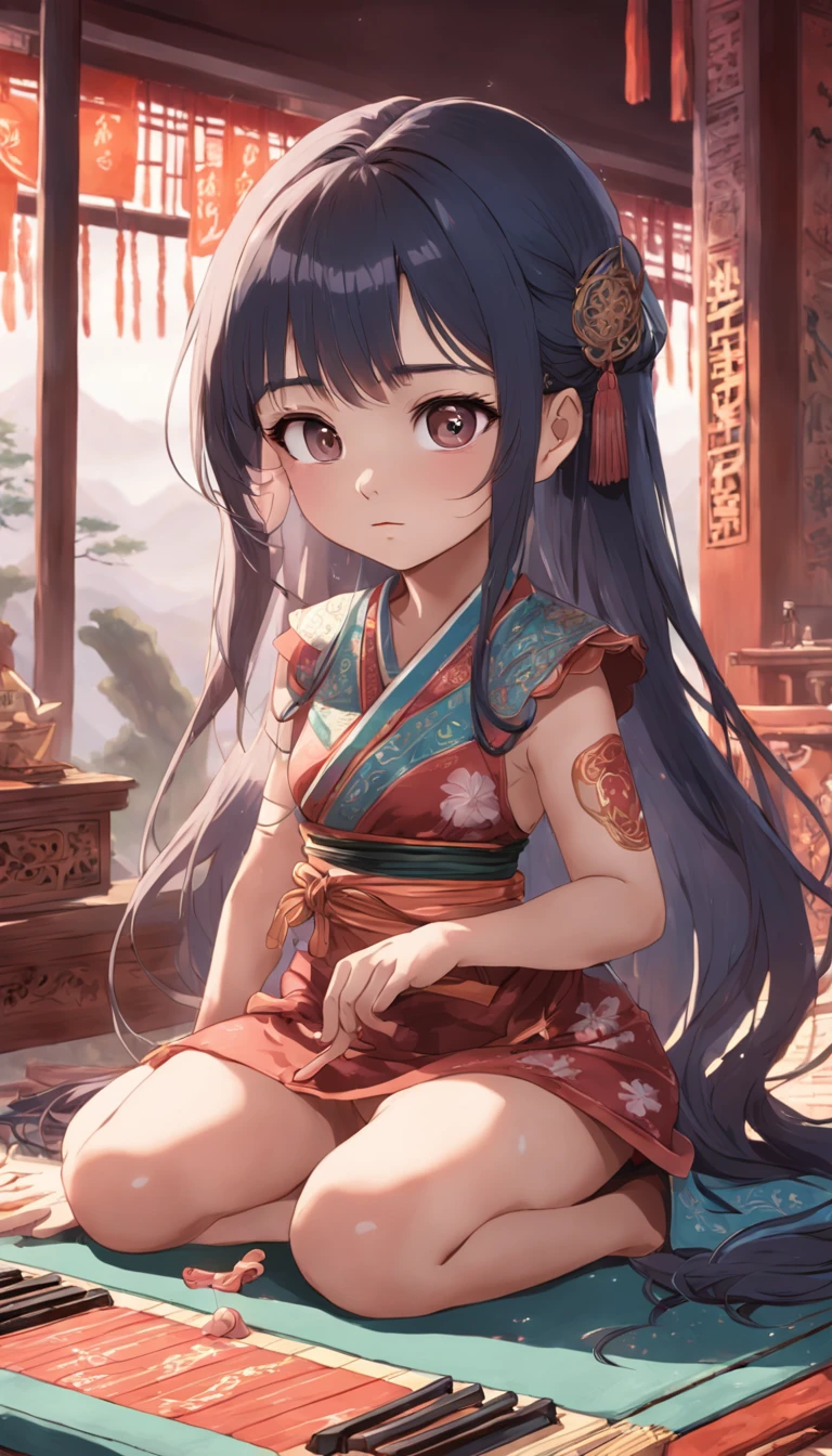 full body Esbian, Very young girl sitting on carpet doing guzheng，Oriental face，with highly-detailed  features and cartoon-style visuals。The 