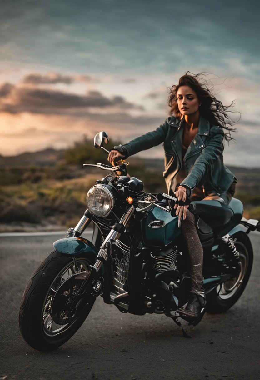 Girl riding a motorcycle，On the road