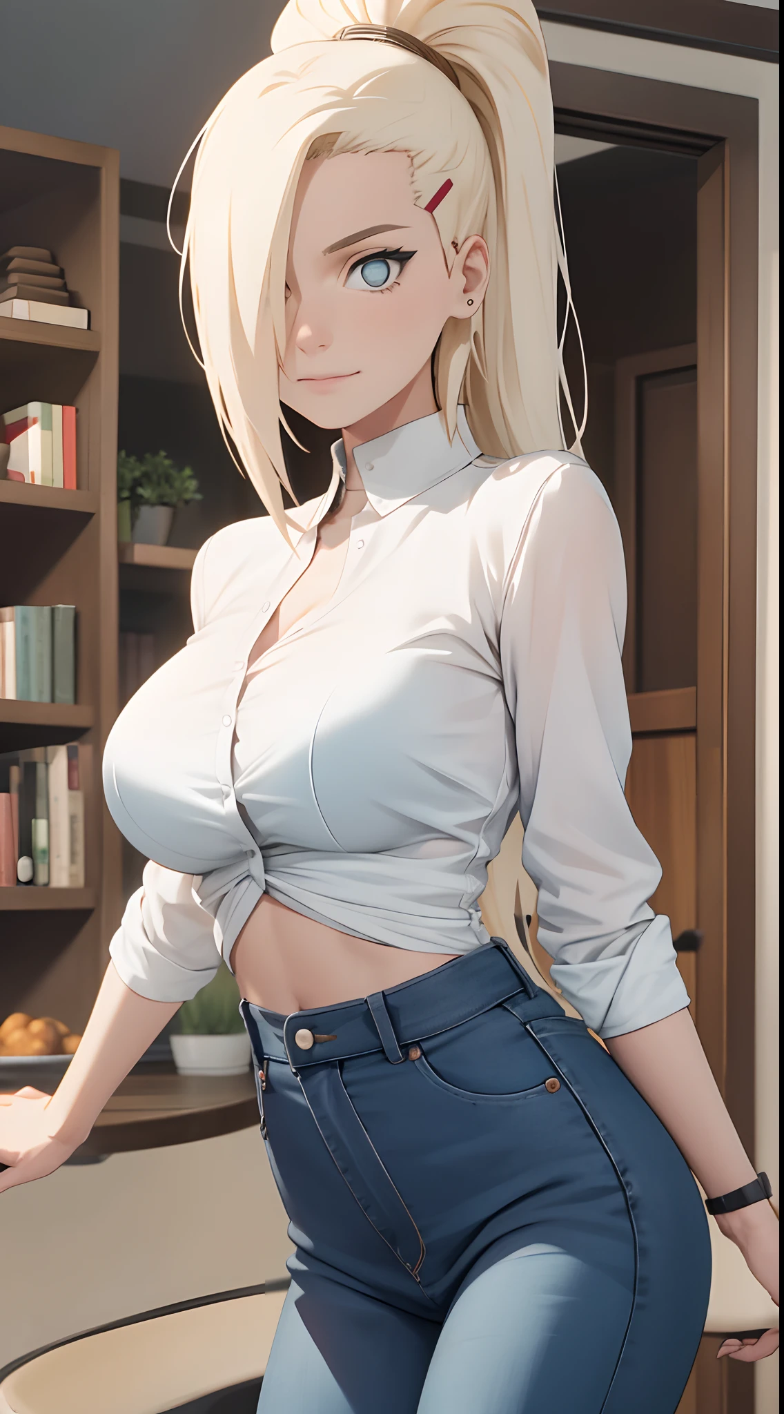 Ino yamanaka, schneit, sat,Spaltung,smil,Rot im Gesicht sein,drinnen im Zimmer,Nahaufnahme Nahaufnahme,mit einer guten Figur,mid large breasts,The breasts fall out immediately,clenched breasts,enges, open white shirt,Blaue skinny Jeans,both arms behind the back,perfekter Arsch,ansicht von hinten
