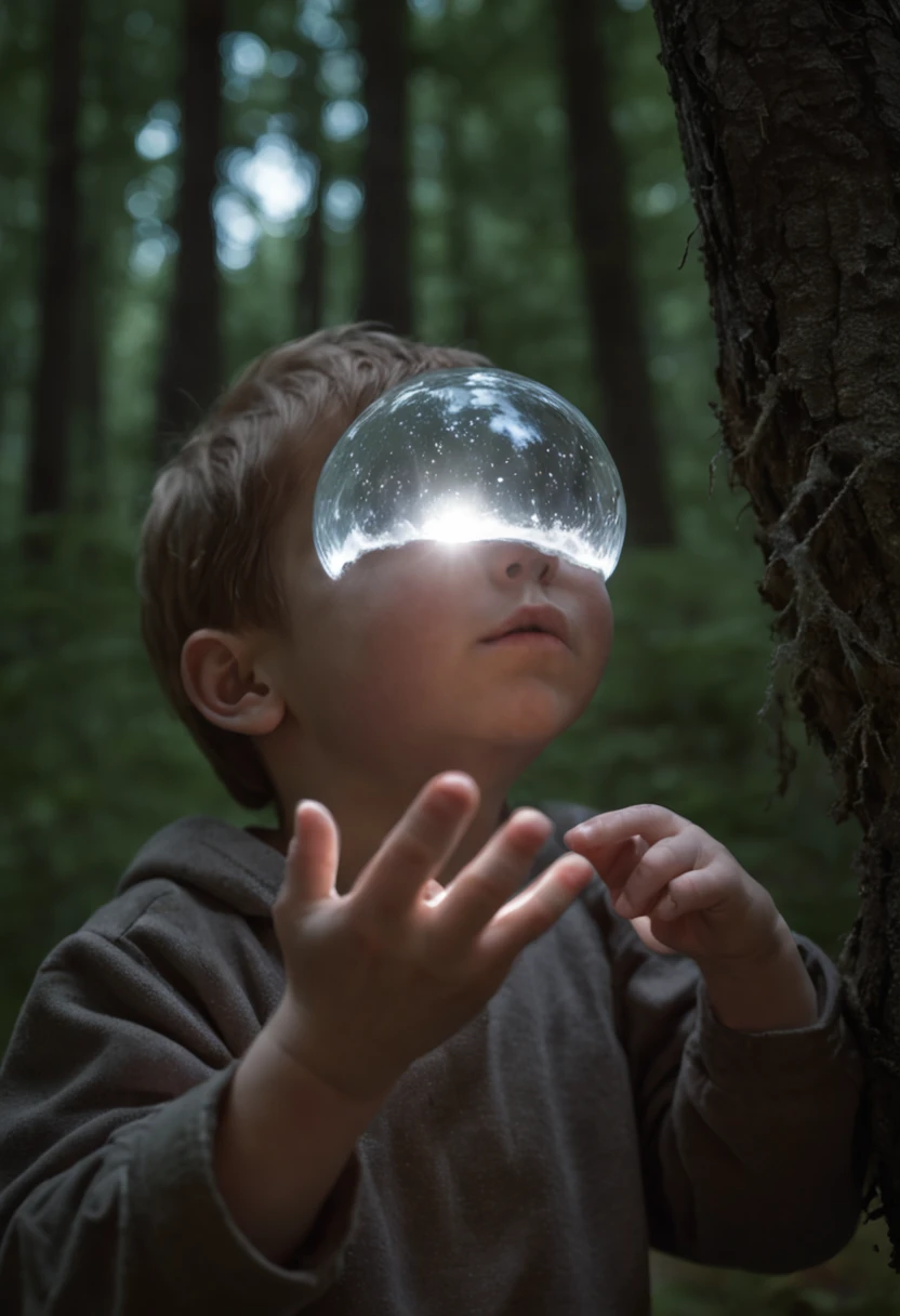boy sees a glowing Large crystal orb in the Night sky on dark scary forest