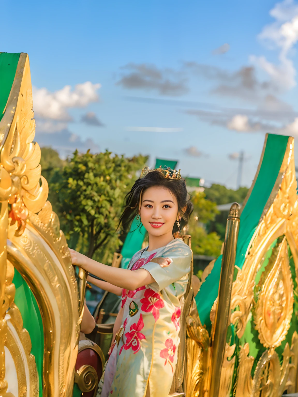 there is a young girl standing in front of a gold and green float, temples behind her, photo taken with canon 5d, anime thai girl, photoshot, with sunset, portrait shot, beautiful image, wonderful, kid, panoramic view of girl, smiling as a queen of fairies, background is heavenly, backdrop, portrait mode photo, shot on nikon z9