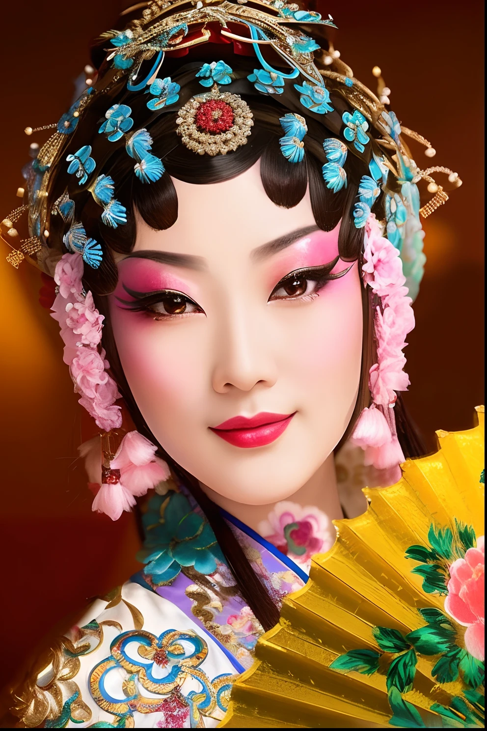 arafed woman in a traditional chinese dress with a fan and a flowered hat, peking opera, chinese woman, oriental face, ancient chinese beauties, chinese empress, traditional chinese, china doll face, chinese princess, chinese girl, chinese heritage, remarkable geisha make up, traditional makeup, ancient chinese princess, beautiful oriental woman, chinese style, chinese art