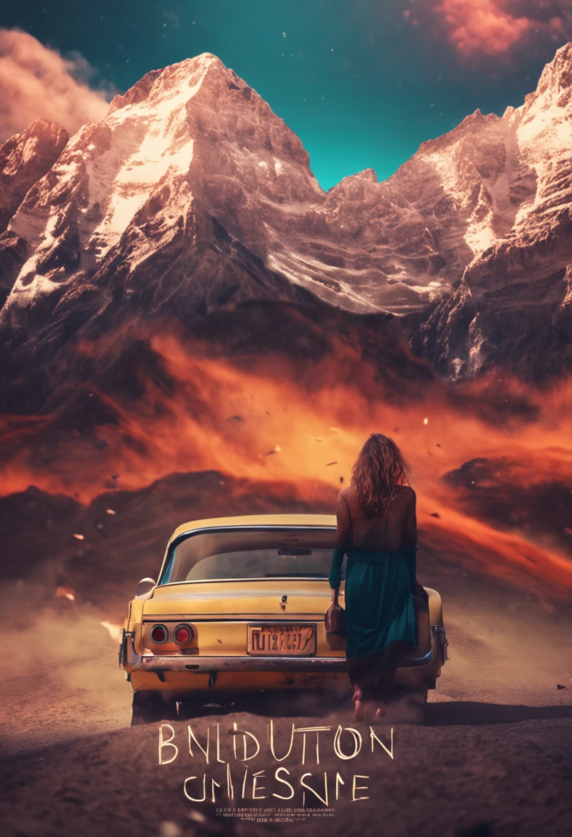 Movie poster of CMAface1 (((entire body, rusty clothes))) on foreground in abandoned road (desert: dark: 0.5), rusty red ferrari abandoned on background, centered on shot, fantasy art ((steampunk: GTA: 0.5)), black woman facing camera, intricate and awesome face woman, 35mm lens, greg rutkowski