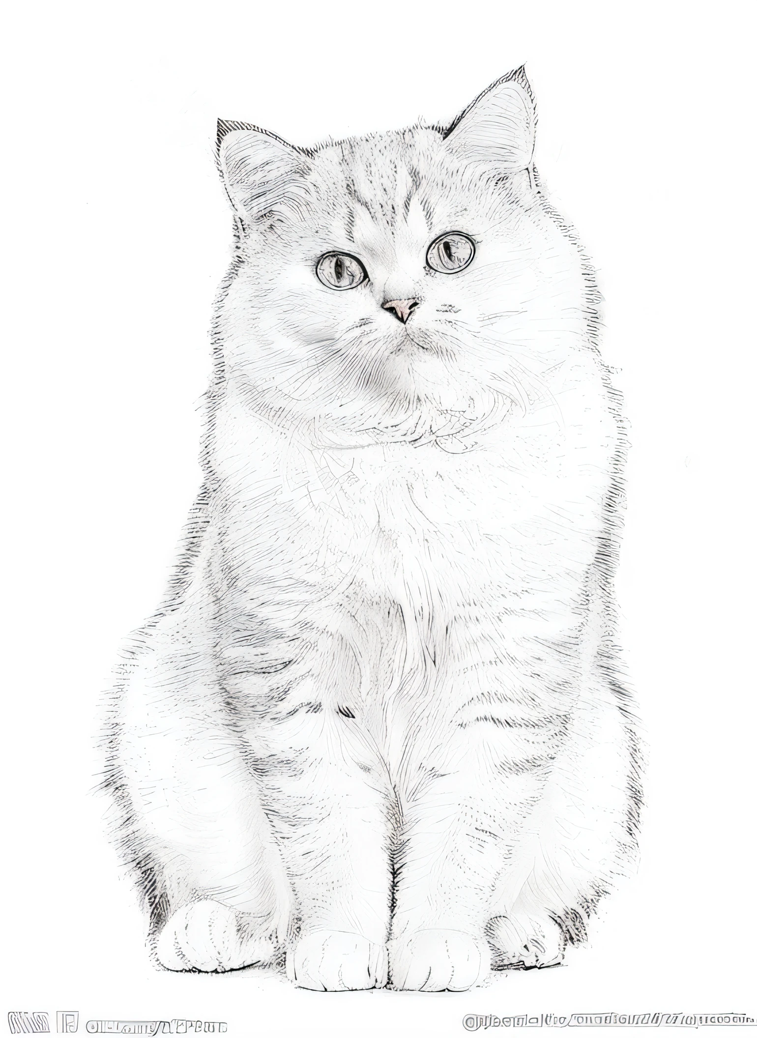 A drawing of a cat sitting on a white surface, realistic anime cat, cat detailed, realistic line drawing, traditional drawing style, highly detailed sketch, Realistic. Detailed fur, realistic sketch, has a very realistic look to it, hyper detailed line art, thick black lineart, Very detailed fur, exotic shorthair cat, realistic black and white