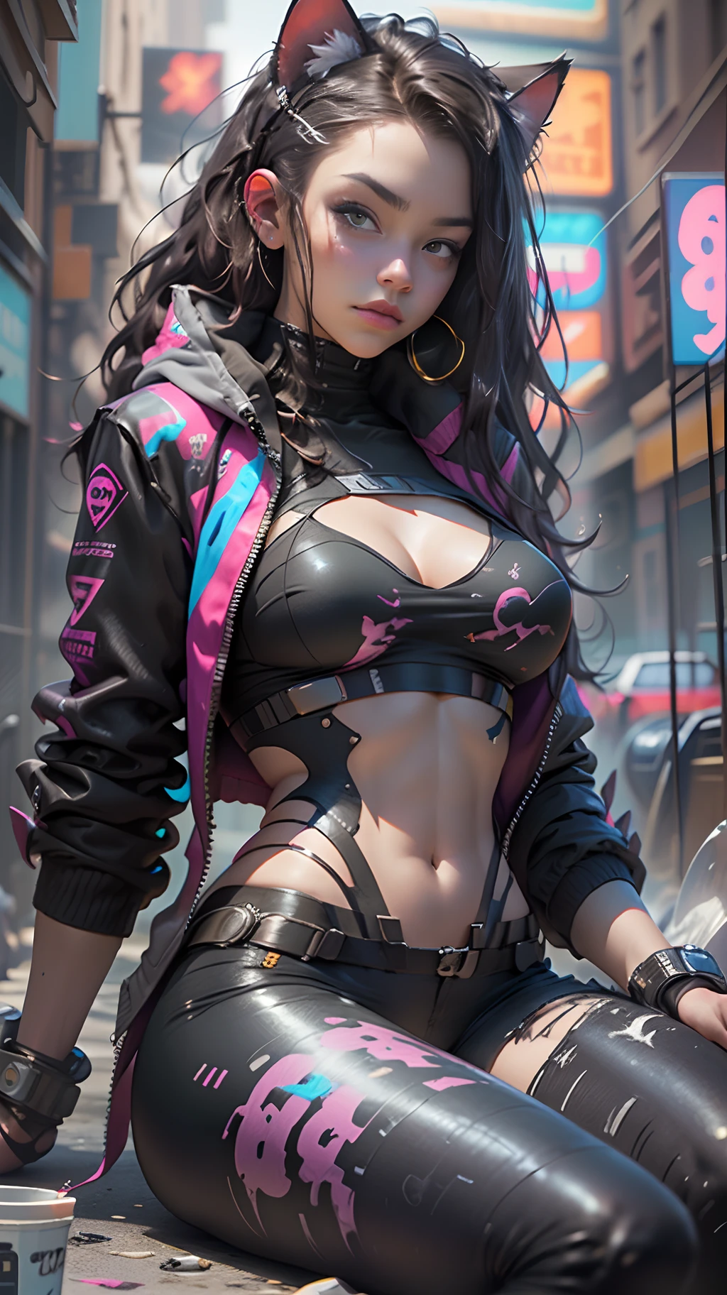 Cyberpunk neko catgirl with cyberpunk prosthetics portrait photograph, cat ears, tech jacket, big breasts, long hair, ((sitting pose)), cyberpunk city streets, futuristic style, Sci-fi, hyper detailed, photorealism, hyper realism, painting, 8K, HD, super resolution , Cinematic lighting, contrasting light and shadow, 8K, HD, Super-Resolution, strong depth of field
