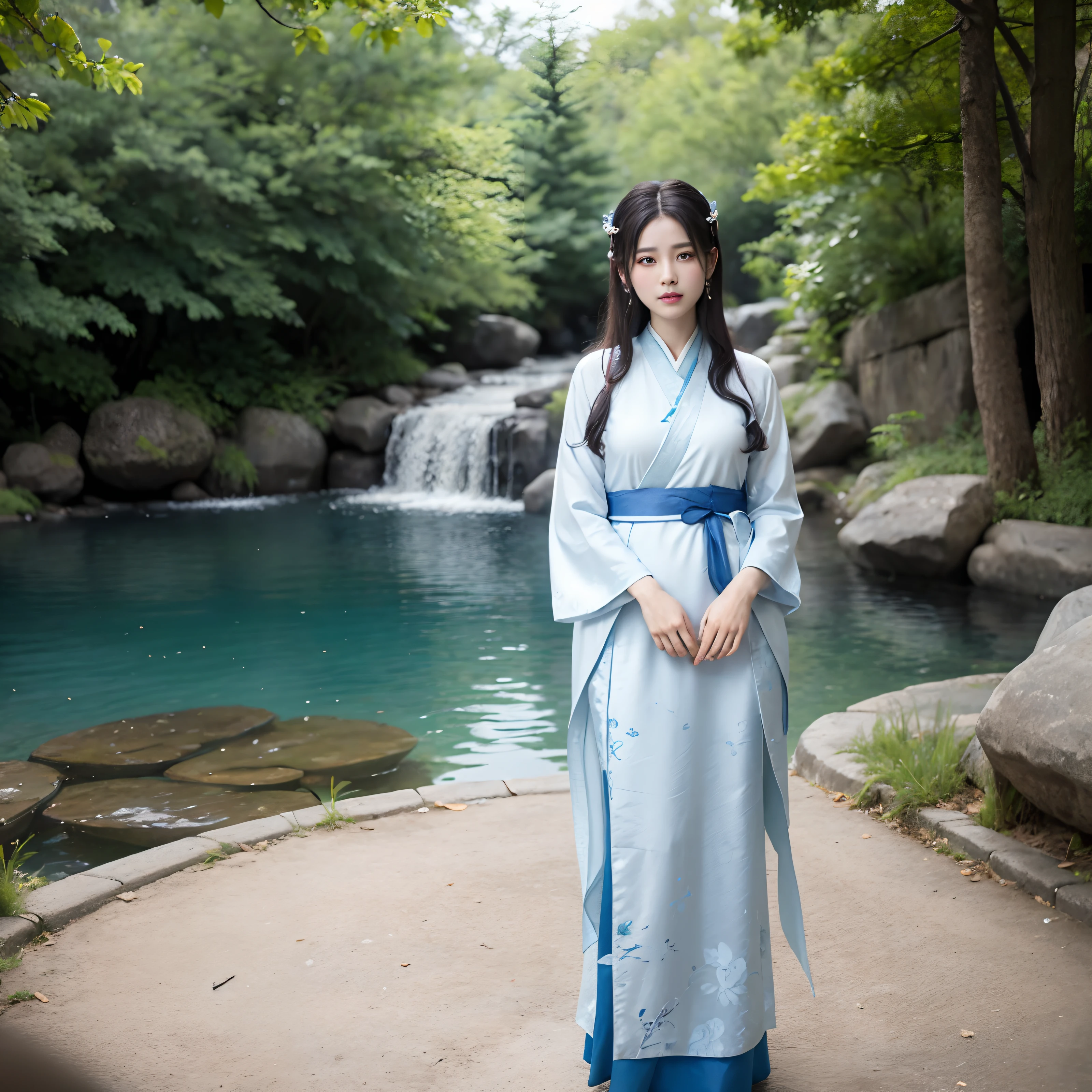 Woman in blue and white dress holding a fan in front of a tree, Hanfu, Traditional Chinese clothing, White Hanfu, Palace ， A girl in Hanfu, Wearing ancient Chinese clothes, flowing magical robe, long beautiful flowing kimono, Chinese dress, with acient chinese clothes, Flowing robes, Chinese costume, dragon-inspired cloth robes, Full-body Xianxia Ultra-clear detailed facial features