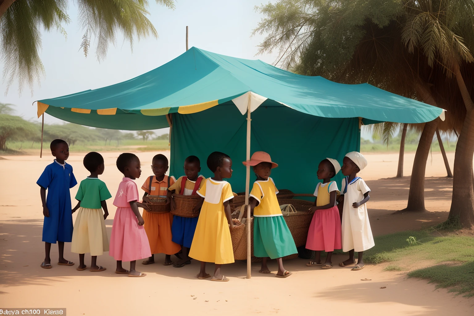 Year: 1998
Country: Gambia
Description: On the outskirts of Banjul, a vibrant coastal town, a group of children dressed in whimsical uniforms gather for their daily lessons under a colorful canopy. The sun-dappled scene exudes a sense of camaraderie as they engage in learning with enthusiasm.