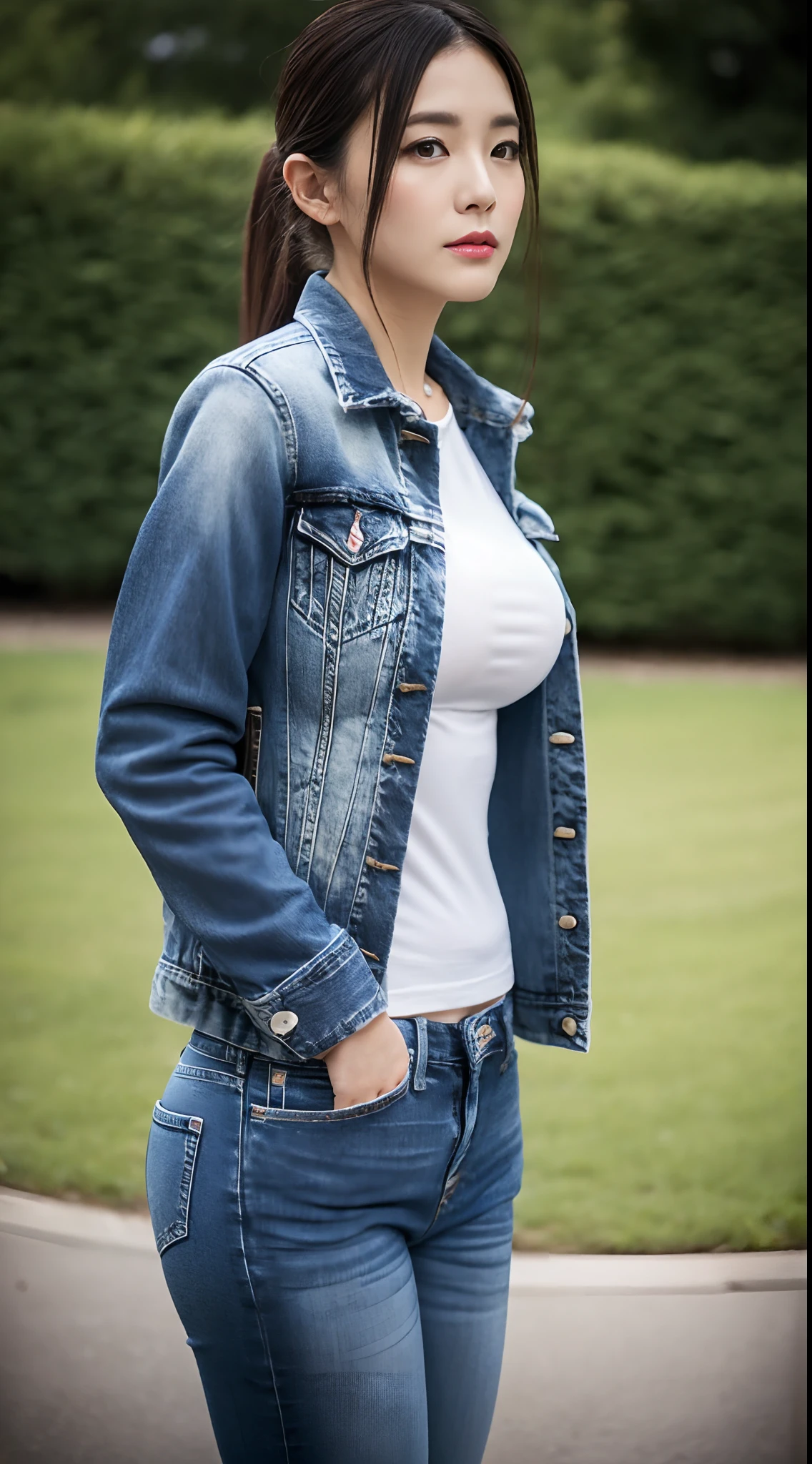 masutepiece, Best Quality, 超A high resolution,(photographrealistic:1.4) (depth of fields),(Lens Glow) ,Sony α7, 35 mm, F1.8, ((huge tit:1.2,))、
Low_ponytail or long hair、
White fair skin, Cute, portrait of japanese famous actress)), ((Jackets and T-shirts:1.6、low rise jeans:1.2,action)), Sexy big boobs:1.5,Dynamic Angle, Beautiful perfect body,is standing、from the front side、(Slouching posture:1.5)、