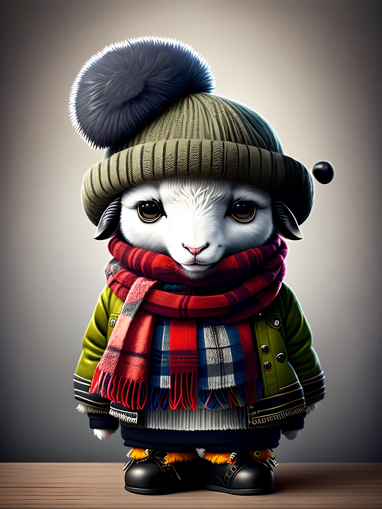 Image of a sheep in a hat and scarf, trends in the art station, dressed in punk clothing, Ultra-realistic detail rendering, British gang member, Urban style, intimidating pose, Planet of Sheep, Fashion clothes, Urban Samurai, meow, West Slavic traits, 8 1 5