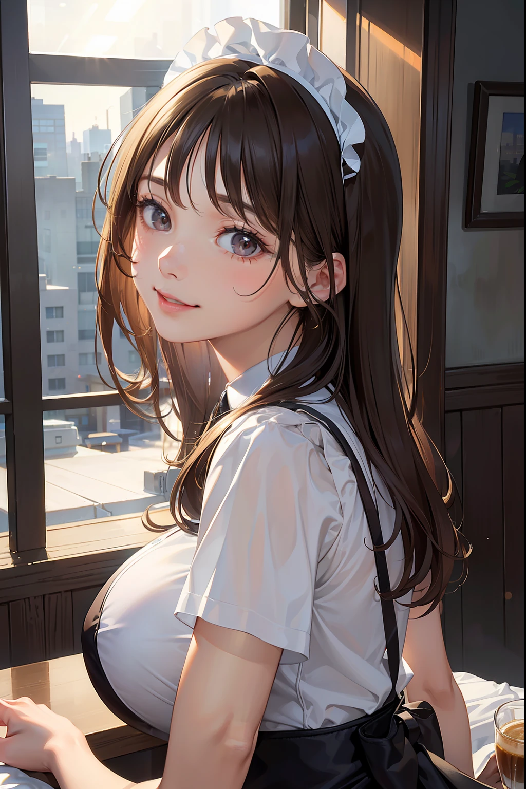 ((Best quality:1.2, 8K, Sharp focus, Photorealistic:1.4, Masterpiece: 1.4, The light from the back window is backlighted, The ultimate girl, Highly detailed facial textures, Highly detailed facial textures, Detailed beauty makeup: 1.2, Realistic skin, Detailed eyes, Detailed bangs)), ((waitress outfit)),(Coffee shop background), Head tilt, Huge breast:1.2, Light brown hair, Smile so hard that you can't keep your mouth shut, From behind