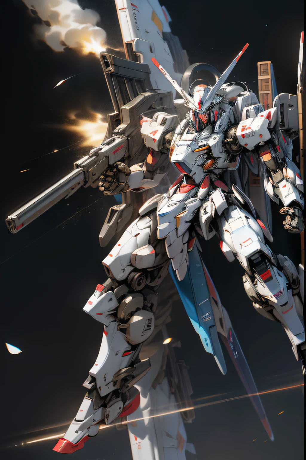 Surrealism, Ray Tracing, Photorealistic, UHD, High Detail, 32k, Best Quality, Textured Skin, Gundam Mecha, Flight, Funnel, Mecha Ship, Masterpiece, Best Quality, Mecha, Unmanned, (Full Body), (Black Mecha: 1.8), (Axisymmetric: 1.4), (HDR), (Movie Light: 1.1), White Eyes, Cool, Science Fiction, Fire, Universe, oversized shield, mecha man overlooking the background of the earth, with laser cannon beams, wars, conflicts, weapons in hand (has a huge weapon: 1.5),