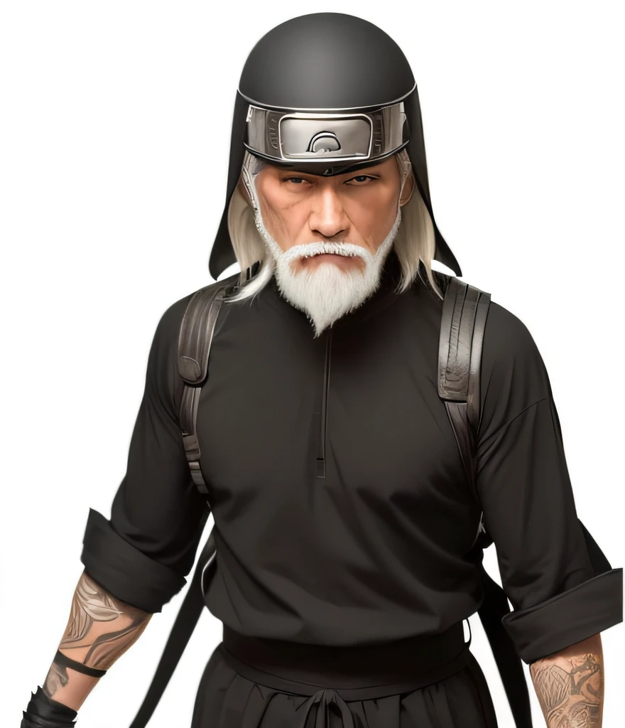 Sarutobi is a character in the Naruto anime. An old man. Wears a black helmet with the Konoha logo. The helmet is decorated with iron armor plates like long ears on both sides of the edges. On his shoulder there is an iron shield. Wearing a black long sleeve spandex shirt. has 3 lines under his eyes, there is a white beard which is only on his chin. exudes a sense of wisdom and authority as the esteemed Third Hokage from the Naruto Anime. Potrait Photo