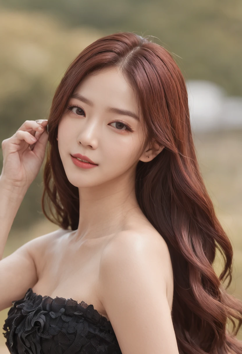 at 8K resolution、Draw a close-up of a woman in a beautiful black dress。Her long hair swayed in the wind、A seductive smile complements its charm。This work is、TWICE no Tsuyu、park jimin、jimin、lee ji-eun、Choi Hong Hwa、jisoo from blackpink、Jossi、Hwang Seon、Korean female actress、Cute Korean Actresses、And it is an image that condenses various charms like Larisa Manoval into one.。Overwhelming beauty and fine details、It will captivate the viewer's heart.。