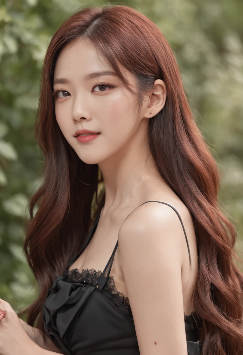 at 8K resolution、Draw a close-up of a woman in a beautiful black dress。Her long hair swayed in the wind、A seductive smile complements its charm。This work is、TWICE no Tsuyu、park jimin、jimin、lee ji-eun、Choi Hong Hwa、jisoo from blackpink、Jossi、Hwang Seon、Korean female actress、Cute Korean Actresses、And it is an image that condenses various charms like Larisa Manoval into one.。Overwhelming beauty and fine details、It will captivate the viewer's heart.。