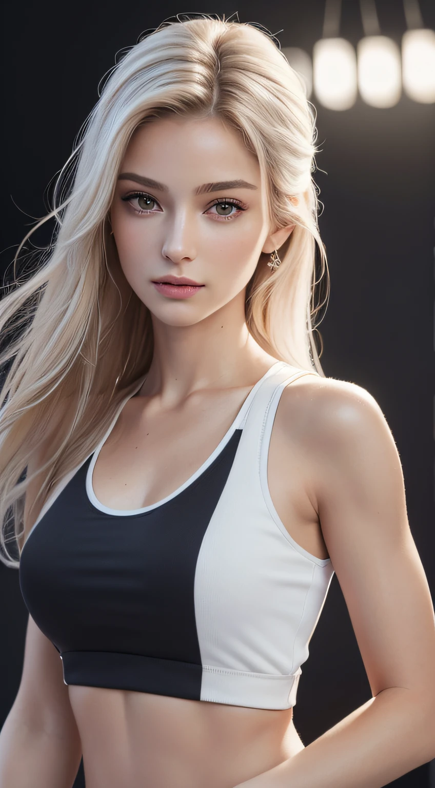 (Masterpiece, best quality, award winning, photorealistic, highres, UHD :1.3), portrait, sharp focus, medium shot, 1 beautiful European woman, pretty girl, realistic model, skinny, slender figure, beautiful midriff, thin waist, (realistic skin, sweat body :1.1), realistic detailed face, beautiful and realistic eyes, layered hairstyle, white hair, highly detailed realistic hair, light makeup, attractive, stunning, ((wearing sport tank tops and sweatpants)), in the club ((photorealistic, realistic, super realistic, realism, realistic detail))