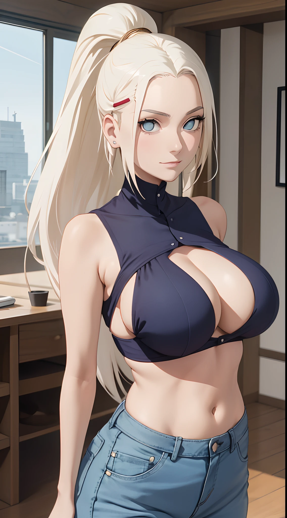 Ino yamanaka, schneit, sat,Spaltung,smil,Rot im Gesicht sein,drinnen im Zimmer,Nahaufnahme Nahaufnahme,mit einer guten Figur,mid large breasts,The breasts fall out immediately,clenched breasts,enges, open white shirt,Blaue skinny Jeans,both arms behind the back,perfekter Arsch,ansicht von hinten