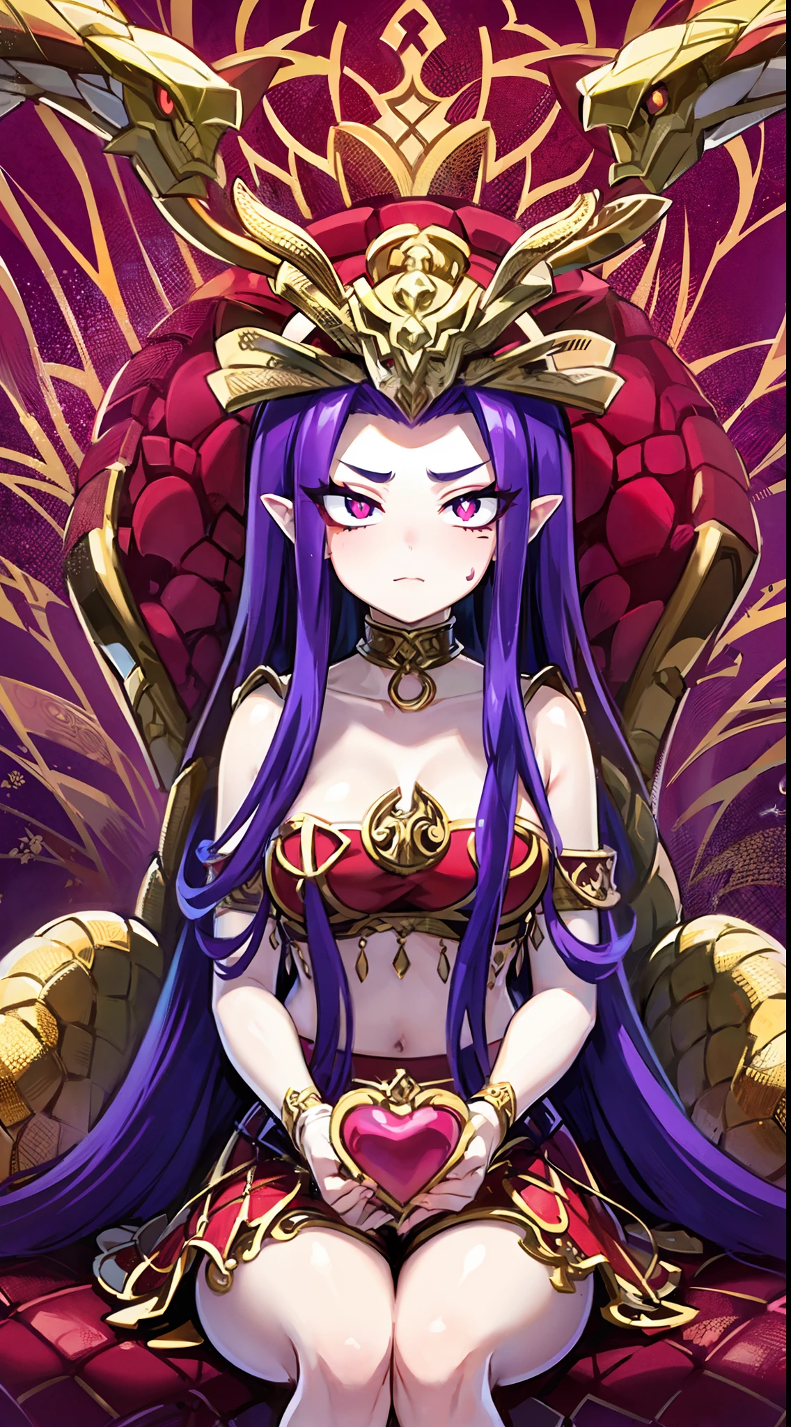 Medusa,(A white border around a red rectangular background:2.5),There are a lot of snakes in the background,long skirt,Sitting down, D-cups,ahegao face,stooped,High detail,Moles under eyes, Heart-shaped pupils,Love pupils,cropped shoulders,Lots of hearts,Fleshy thighs,highly rendered,detailed face with