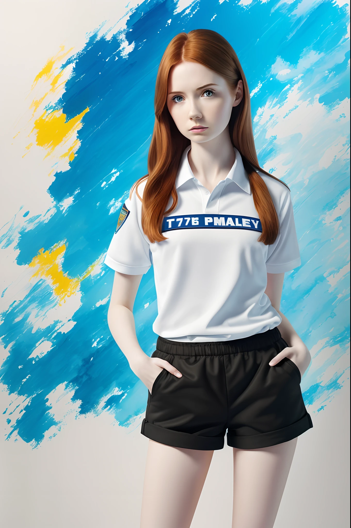 ((tmasterpiece)), hiquality, Ultra-detailed, (-yeld Ka Gillan ), Amy Pond, white police shirt and black shorts, Confusion of a person, (in the style of Guy Harvey, Cy Twombly), 8K, the best illustration, graceful, Proper anatomy of the body, hight resolution, Women's point of view, Feminine Pose,