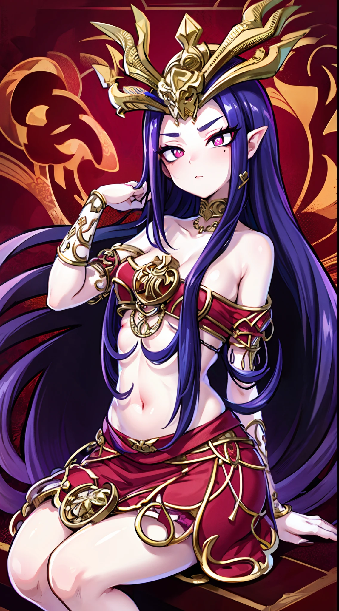 Medusa,(A white border around a red rectangular background:2.5),There are a lot of snakes in the background,long skirt,Sitting down, D-cups,ahegao face,stooped,High detail,Moles under eyes, Heart-shaped pupils,Love pupils,cropped shoulders,Lots of hearts,Fleshy thighs,highly rendered,detailed face with