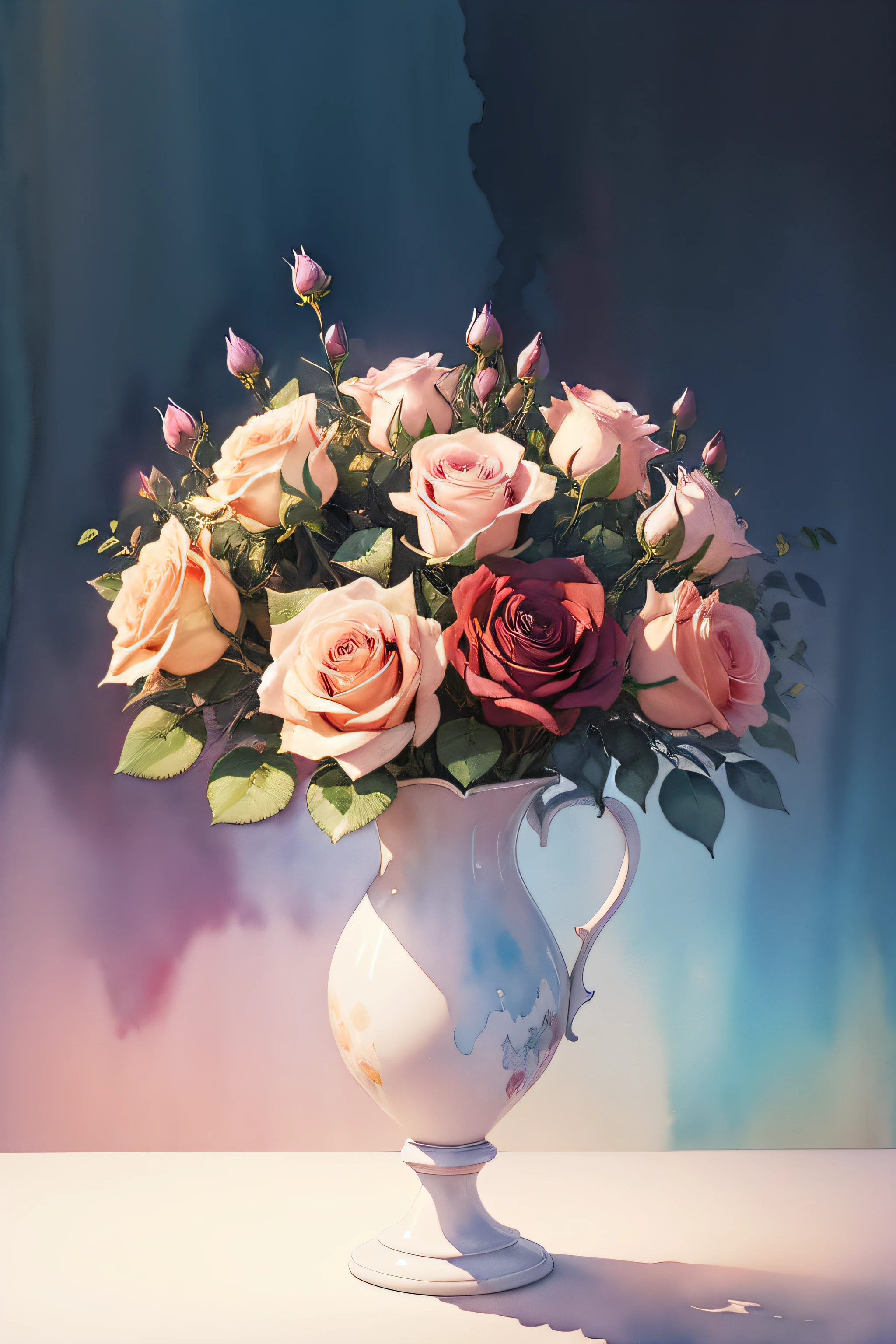 wtrcolor style, (roses in a vase) digital art, official art, blown by the wind, masterpiece, beautiful, ((watercolor)), , intricate detail. Great detail,