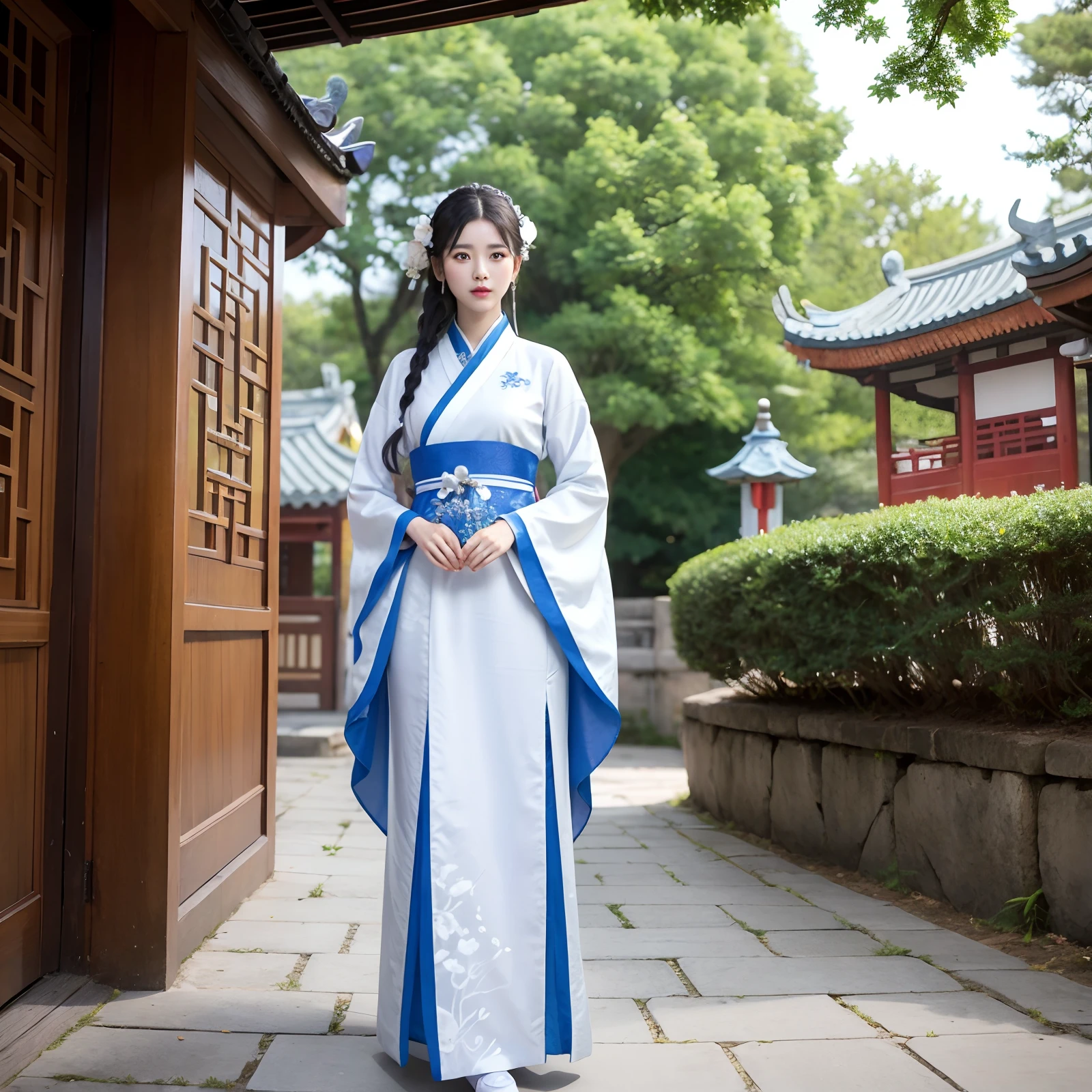 Woman in blue and white dress holding a fan in front of a tree, Hanfu, Traditional Chinese clothing, White Hanfu, Palace ， A girl in Hanfu, Wearing ancient Chinese clothes, flowing magical robe, long beautiful flowing kimono, Chinese dress, with acient chinese clothes, Flowing robes, Chinese costume, dragon-inspired cloth robes, Full-body Xianxia Ultra-clear detailed facial features