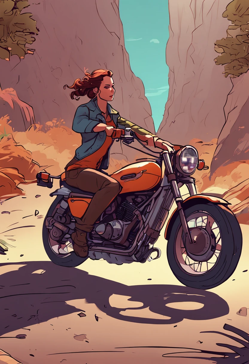 Animate，Girl riding a motorcycle，Earthy roads，Vicious dogs chase motorcycles