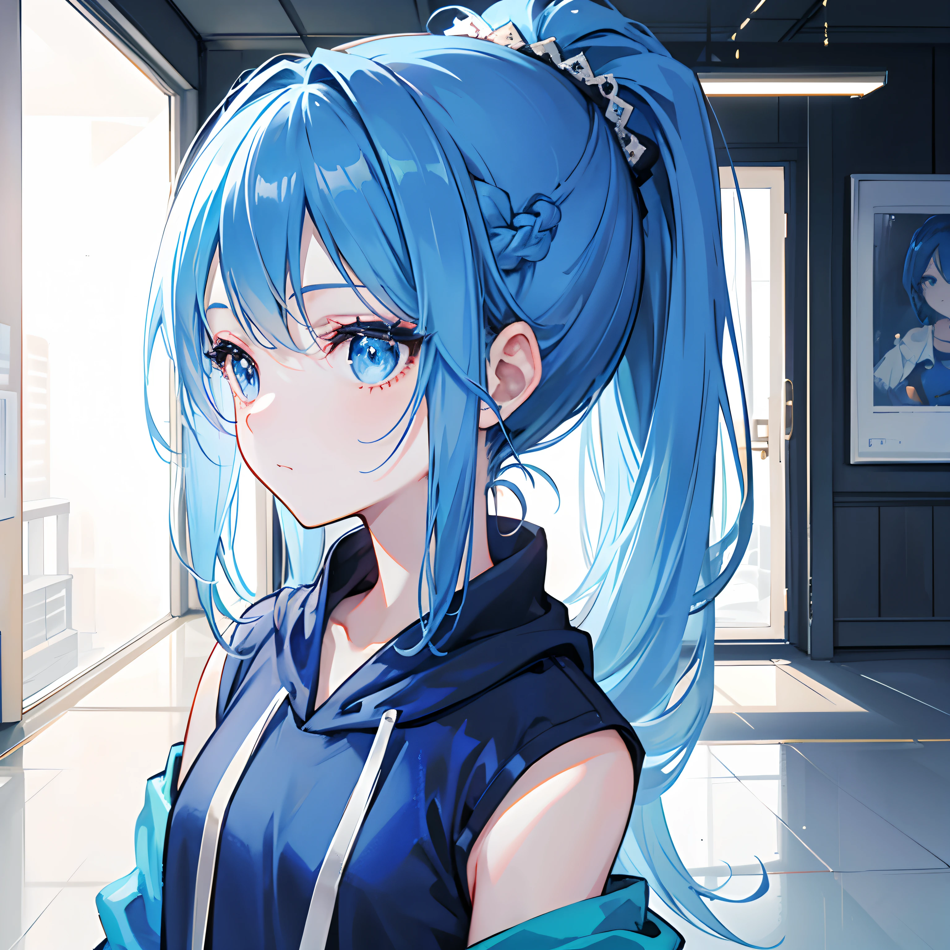 (1 girl, solo), indoor girl, wearing a blue hoodie, petite body, ice blue hair, ponytail, braids, exposed shoulders, wearing headphones, shorts, listening to music girl, cute and playful girl, blue eyes, vibrant atmosphere, mouth open, (close-up shot), (masterpiece, best quality, high-resolution, beautiful face, 8K illustrations, detailed background), indoor lighting, Edge lighting, sparkling, volume light, light particles, warm light, modern, perspective, fashionable, isometric design, symmetrical portrait, (side view: 1.2), (2.5D), with crystal clear sweat on the face, posing shyly