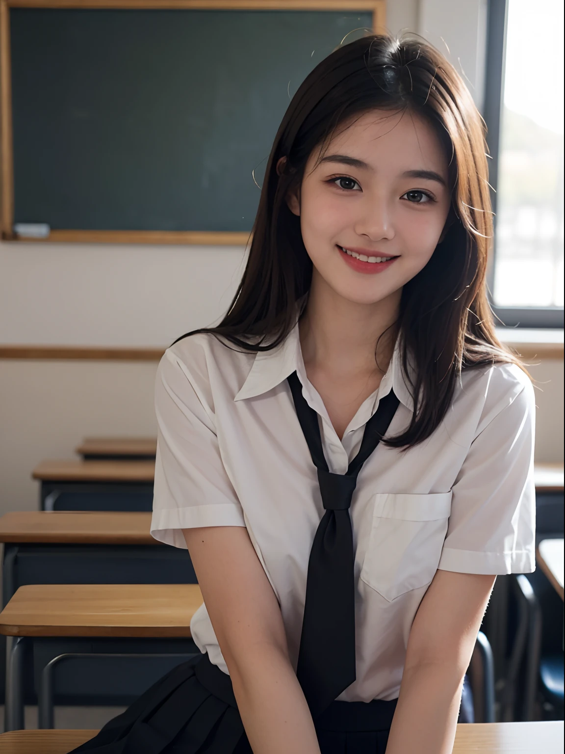 1girl in,8K, Raw photography, top-quality, ​masterpiece, realisitic, Photorealsitic, A smile, Schoolgirl Uniform, Pretty beauty，High School Classroom, The upper part of the body,