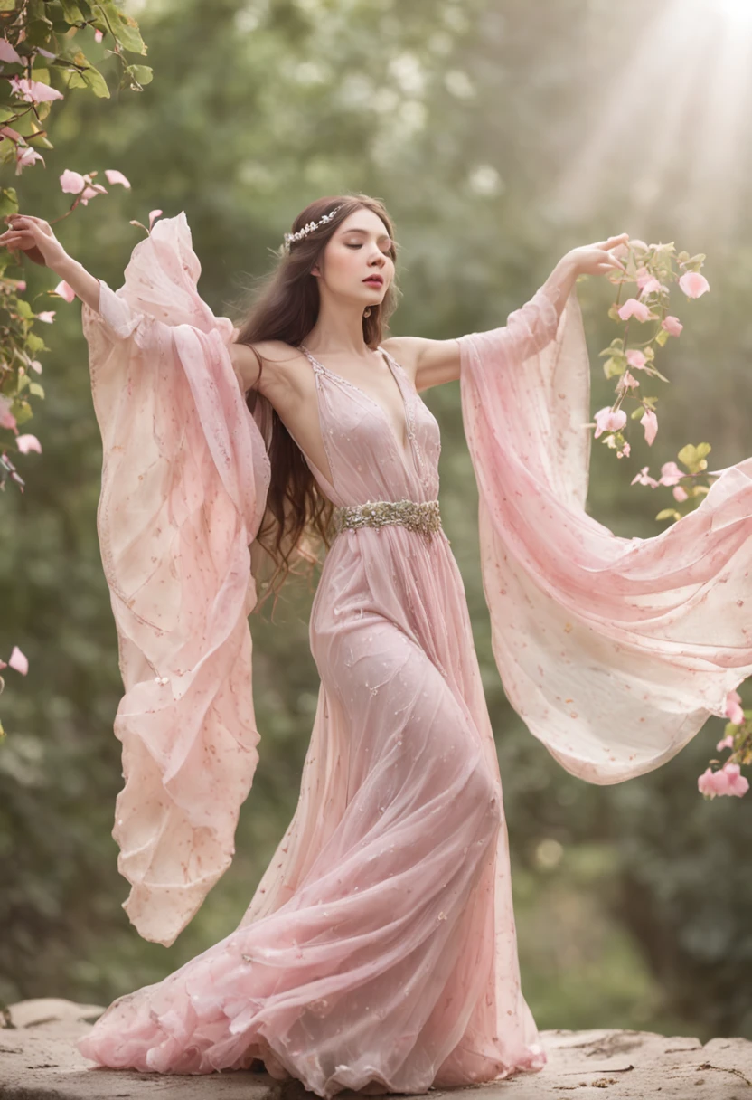 "Elf Girl,Beautiful face,Slim body,A soft light illuminates her,Dance。She is graceful,Long hair like a waterfall shawl,Femme and moving。It is surrounded by delicate pink petals and flocks of colorful birds that flutter,Create a fantastic wonderland。The whole picture is full of tenderness and magic。"