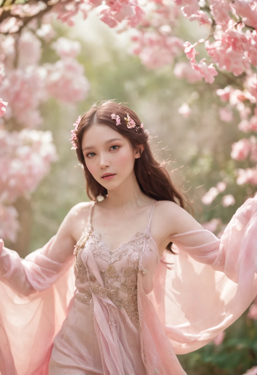 "Elf Girl,Beautiful face,Slim body,A soft light illuminates her,Dance。She is graceful,Long hair like a waterfall shawl,Femme and moving。It is surrounded by delicate pink petals and flocks of colorful birds that flutter,Create a fantastic wonderland。The whole picture is full of tenderness and magic。"