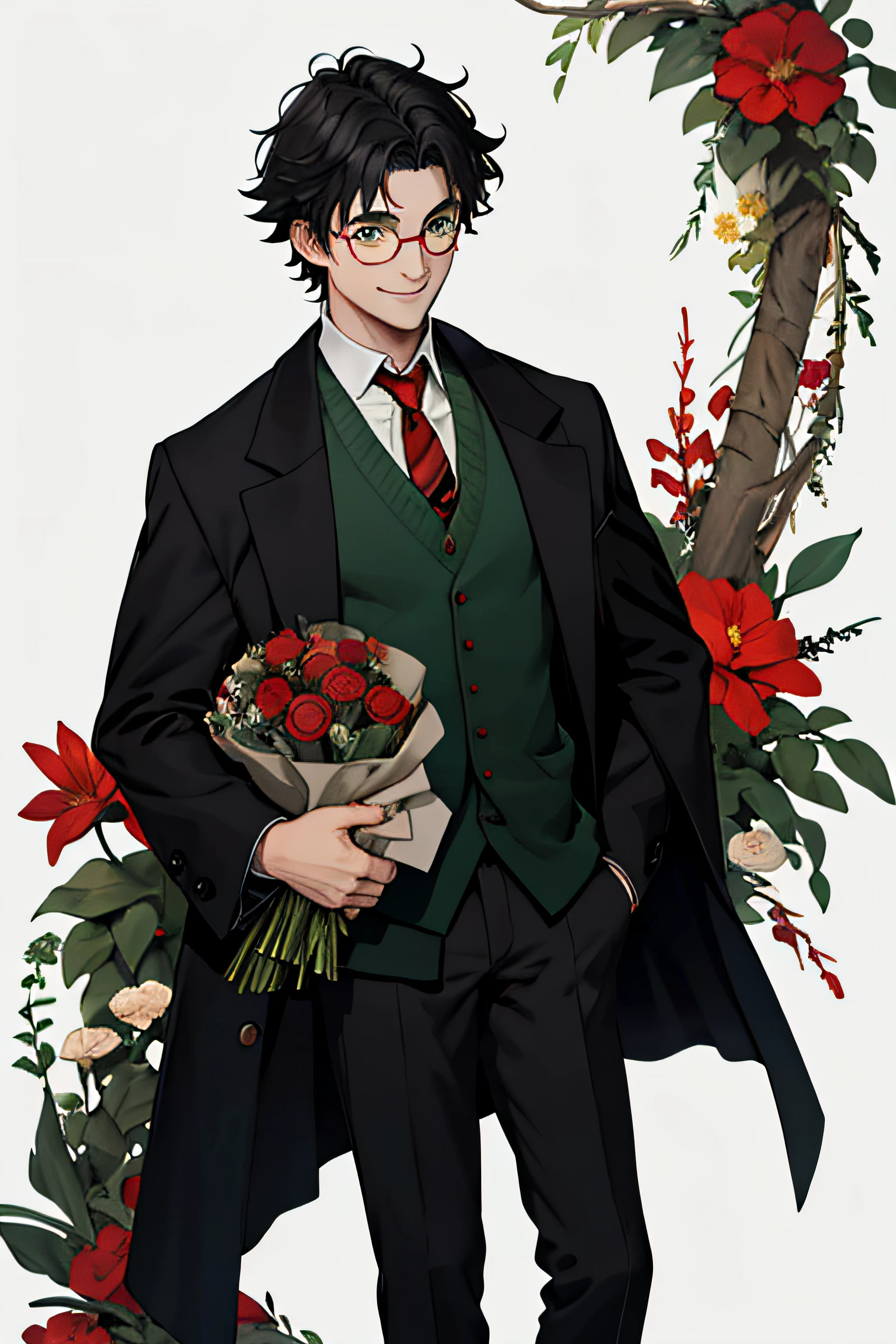 harry potter, guy, black hair, tousled, green eyes, wear glasses, pale, big smile, black coat, red tie, flowers, full body
