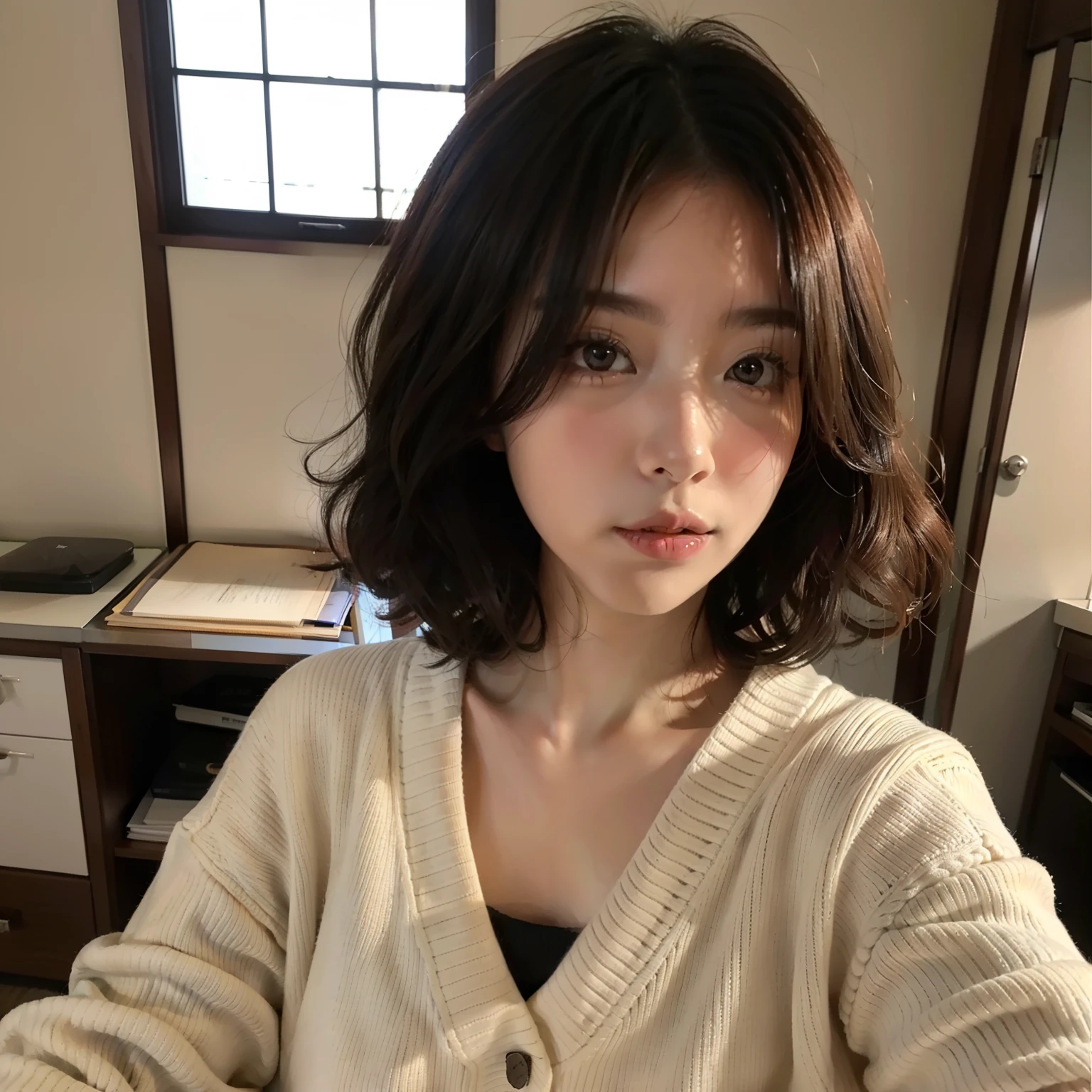 A Japanese Lady、selfee、Hiding your face with your smartphone、bob、Loosely curled wavy hair、wearing sweater、Breasts are big、in room
