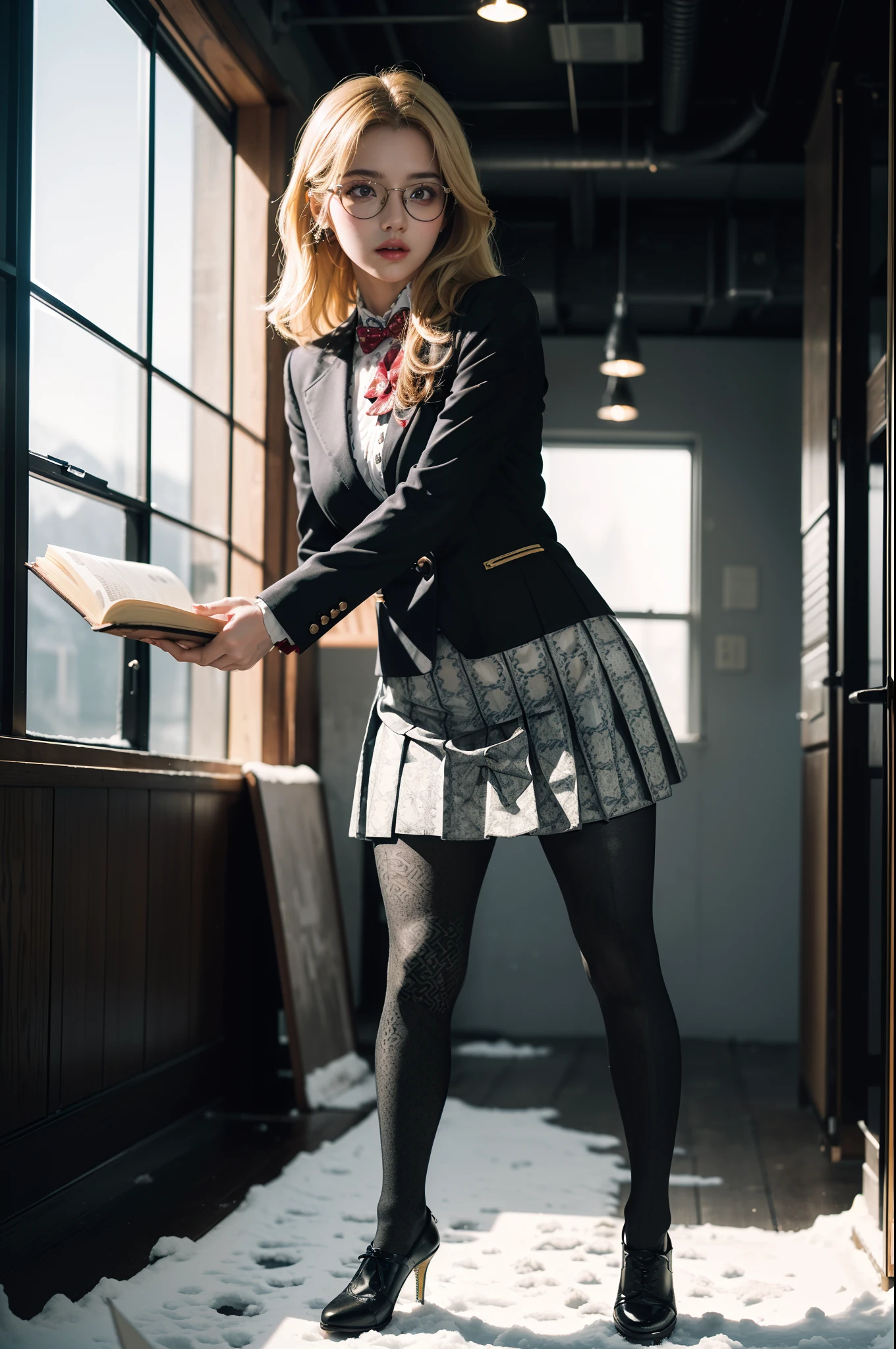(full body:1.5)，(((1girl)):1.4),(view the viewer:1.4)，(( correct):1.45),(((Dancing on Snowy Mountains))):1.3),(she wears large glasses and Holding book in her hand:1.2),(shy:1.15)，((Student pleated skirt's set):1.2),(((((((Patterns)))))) ,((thick pantyhose)):1.3),(((tattoo)):1.3),( Uniform high heels leather shoes with bows for female students:1.1)，(Accurate and perfect face:1.3),((red-eyed blonde):1.2)，hyper HD, Ray traching, reflective light， structurally correct, Award-Awarded, high detail, lighten shade contrast, Face lighting ，cinematic lighting, masterpiece, super detailing, high quality, high detail, best quality, 16k，High contrast,