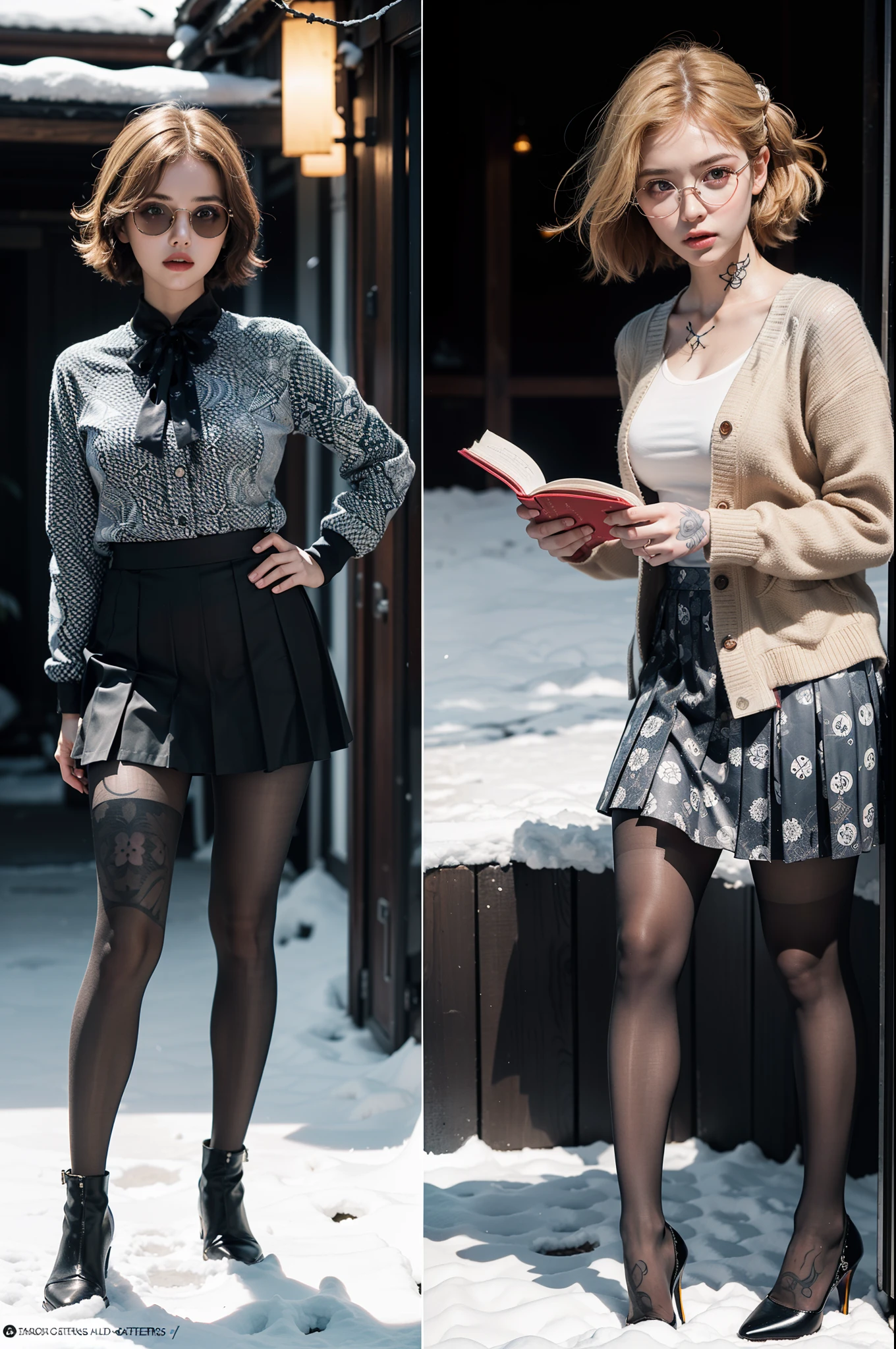 (full body:1.5),(((1girl)):1.4),(view the viewer:1.4),((anatomy correct):1.45),(((Dancing on Snowy Mountains))):1.3),(she wears large glasses and Holding book in her hand:1.2),(shy:1.15),((Student pleated skirt's set):1.2),(((((((Patterns)))))) ,((thick pantyhose)):1.3),(((tattoo)):1.3),( Uniform high heels leather shoes with bows for female students:1.1),(Accurate and perfect face:1.3),((red-eyed blonde):1.2),hyper HD, Ray traching, reflective light, structurally correct, Award-Awarded, high detail, lighten shade contrast, Face lighting ,cinematic lighting, masterpiece, super detailing, high quality, high detail, best quality, 16k,High contrast,